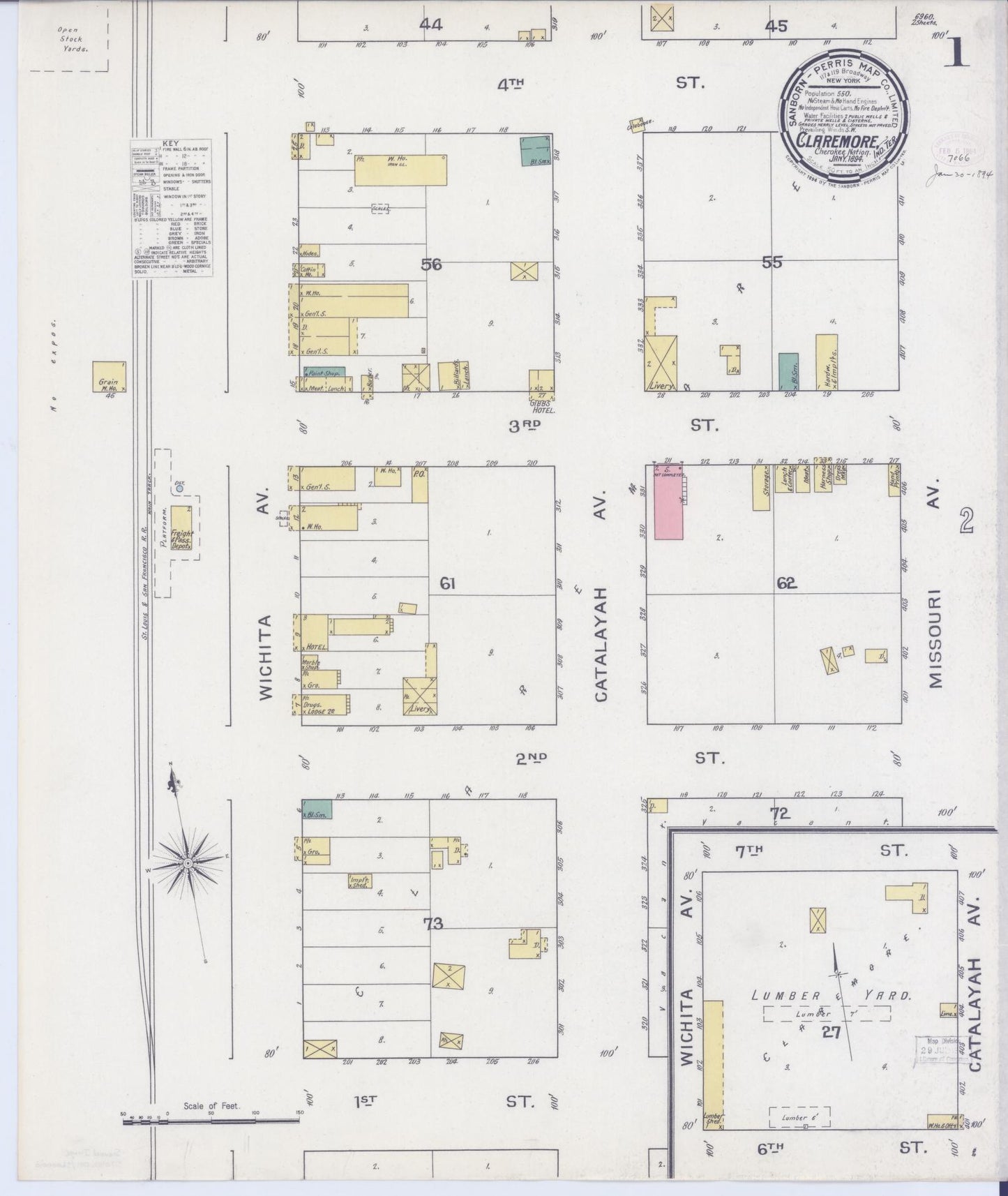 Sanborn Fire Insurance Map from Claremore, Rogers County, Oklahoma (1894), Sheet #0001 - Historic Sanborn Fire Insurance Map Print, vintage old map wall art, antique decor, genealogy gift, Oklahoma Oklahoma map