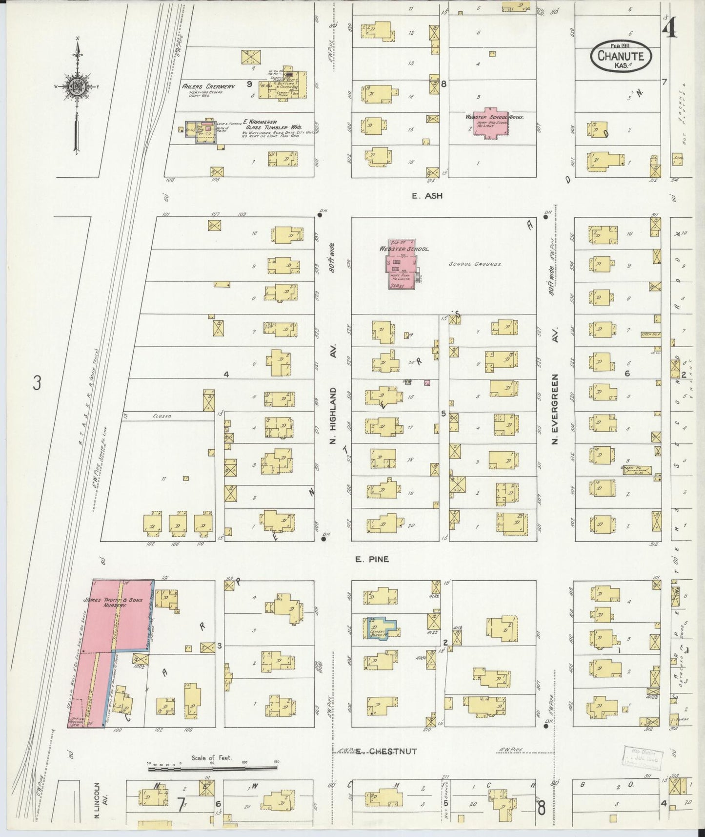 Sanborn Fire Insurance Map from Chanute, Neosho County, Kansas (1911), Sheet #0004 - Historic Sanborn Fire Insurance Map Print, vintage old map wall art, antique decor, genealogy gift, Kansas Kansas map