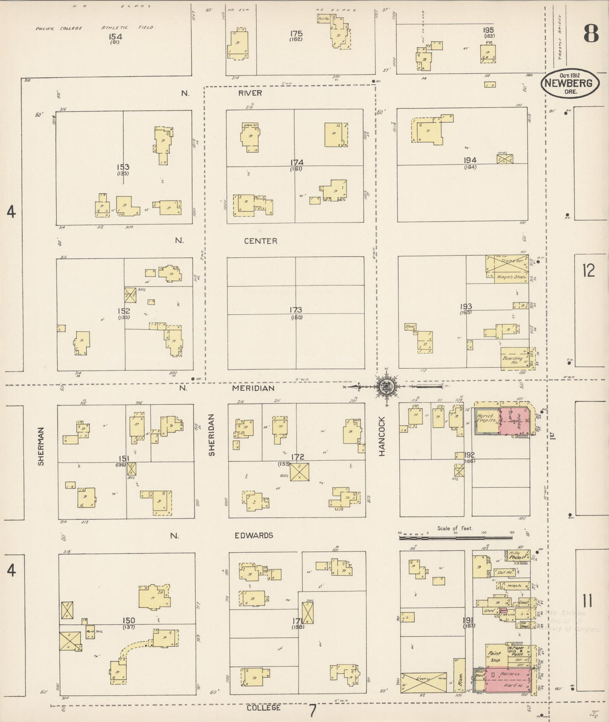 Sanborn Fire Insurance Map from Newberg, Yamhill County, Oregon (1912), Sheet #0008 - Historic Sanborn Fire Insurance Map Print, vintage old map wall art, antique decor, genealogy gift, Oregon Oregon map