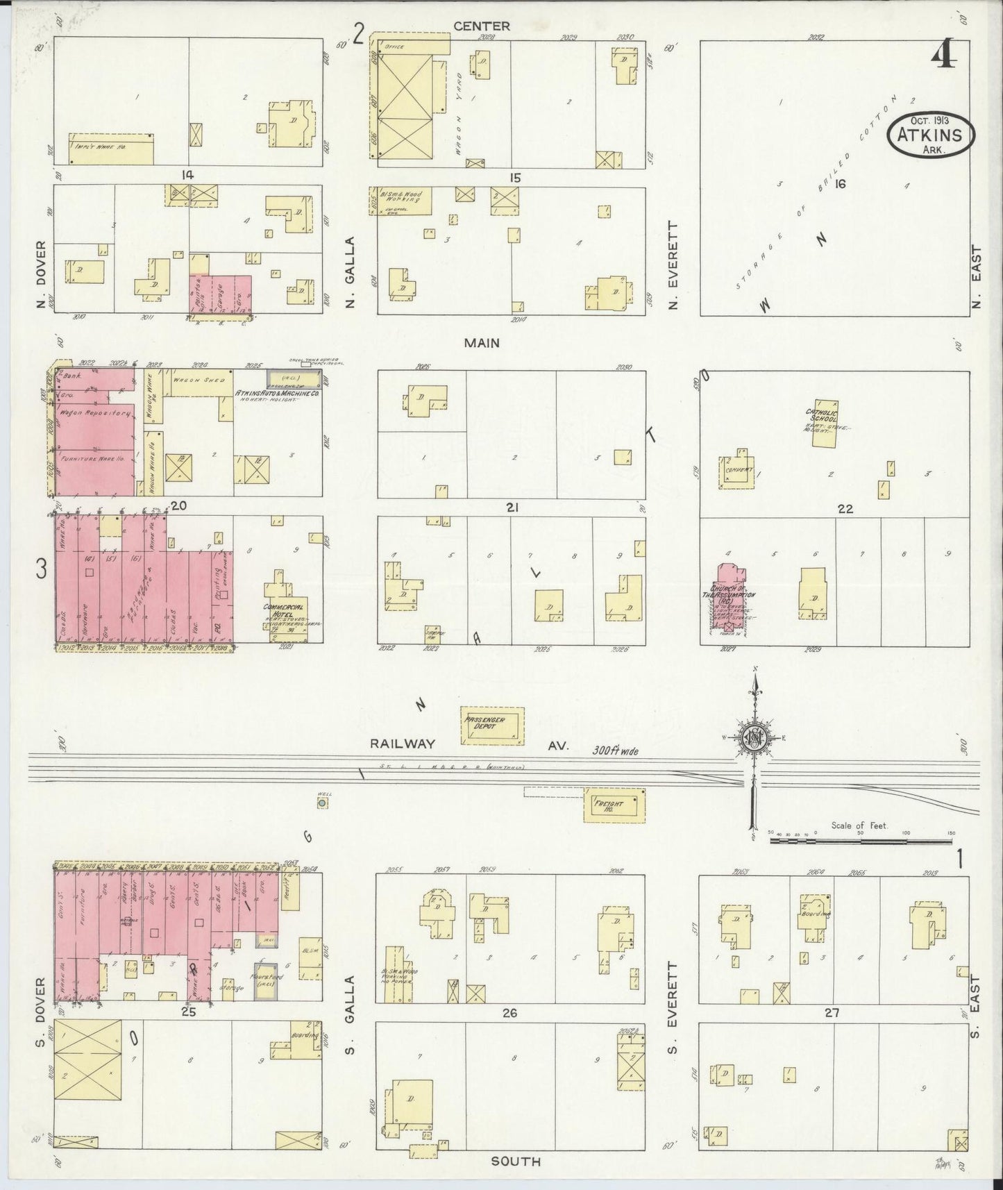 Sanborn Fire Insurance Map from Atkins, Pope County, Arkansas (1913), Sheet #0004 - Historic Sanborn Fire Insurance Map Print, vintage old map wall art, antique decor, genealogy gift, Arkansas Arkansas map
