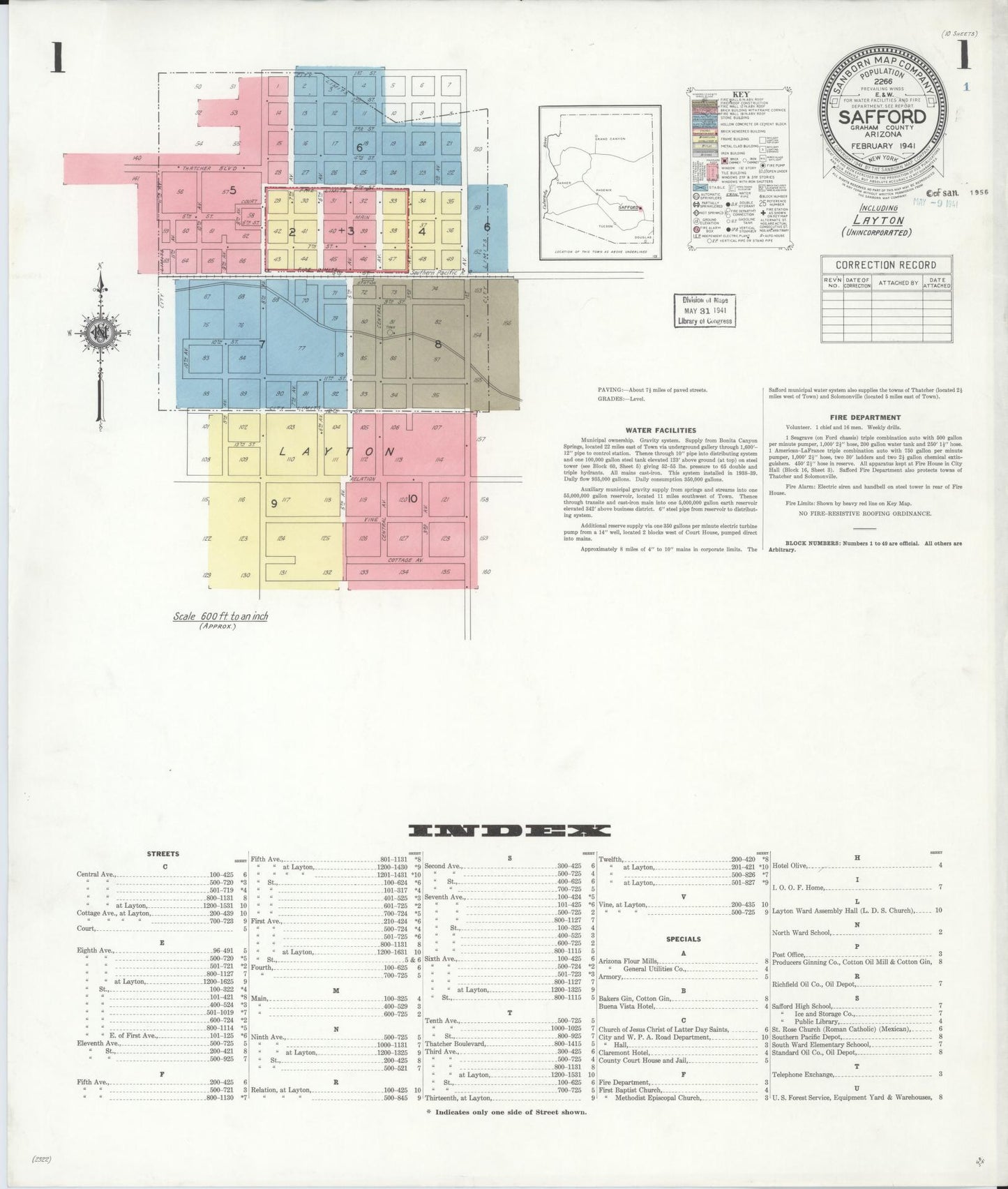 Sanborn Fire Insurance Map from Safford, Graham County, Arizona (1941), Sheet #0001 - Historic Sanborn Fire Insurance Map Print, vintage old map wall art, antique decor, genealogy gift, Arizona Arizona map