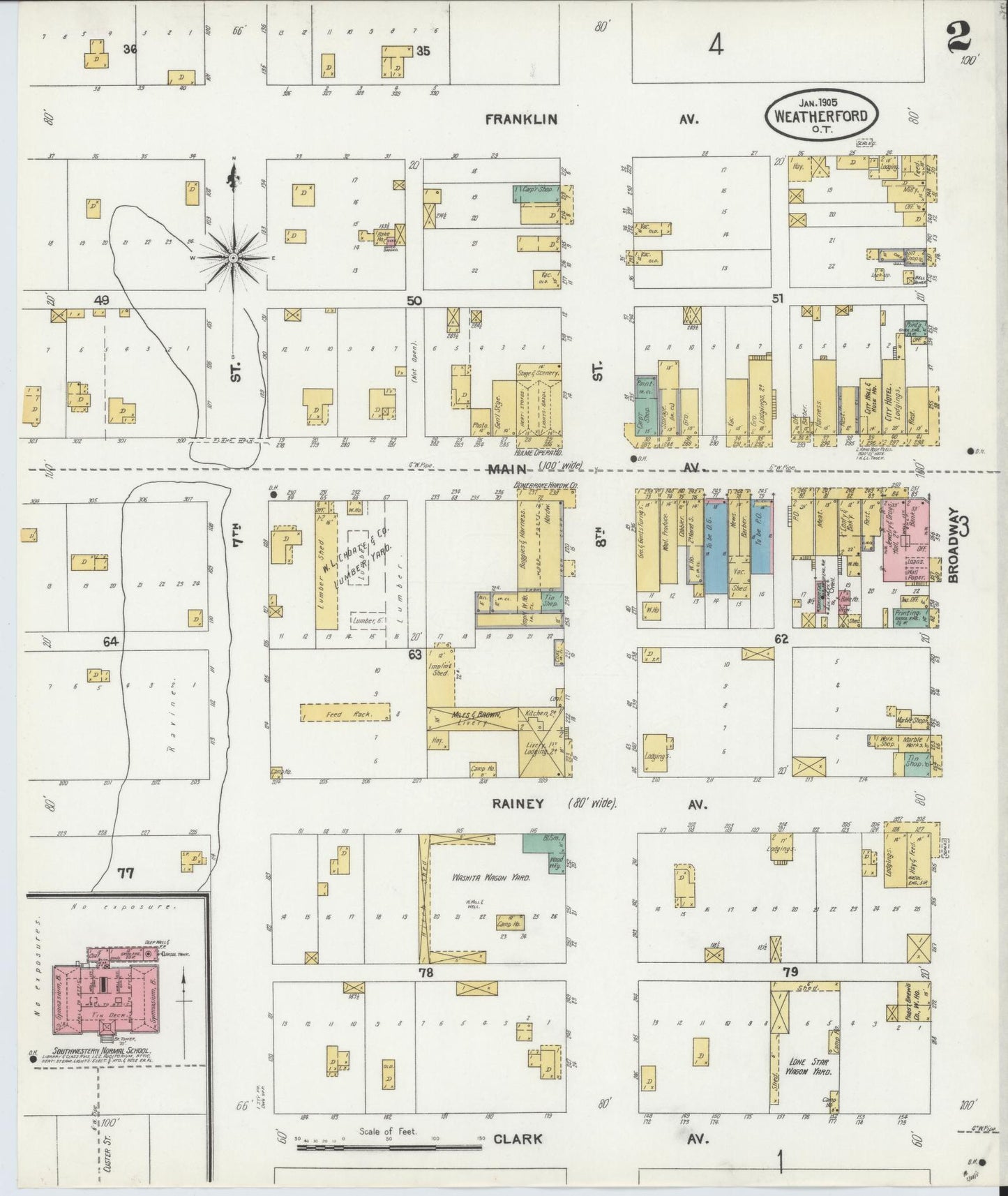 Sanborn Fire Insurance Map from Weatherford, Custer County, Oklahoma (1905), Sheet #0002 - Historic Sanborn Fire Insurance Map Print, vintage old map wall art, antique decor, genealogy gift, Oklahoma Oklahoma map