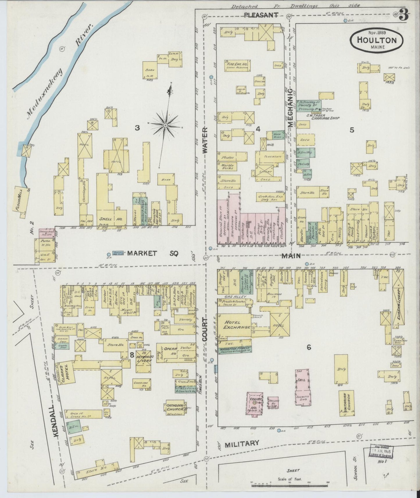 Sanborn Fire Insurance Map from Houlton, Aroostook County, Maine (1889), Sheet #0003 - Historic Sanborn Fire Insurance Map Print, vintage old map wall art, antique decor, genealogy gift, Maine Maine map