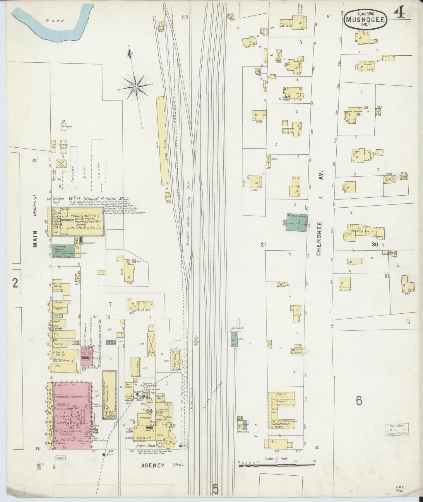 Sanborn Fire Insurance Map from Muskogee, Muskogee County, Oklahoma (1896), Sheet #0004 - Historic Sanborn Fire Insurance Map Print, vintage old map wall art, antique decor, genealogy gift, Oklahoma Oklahoma map