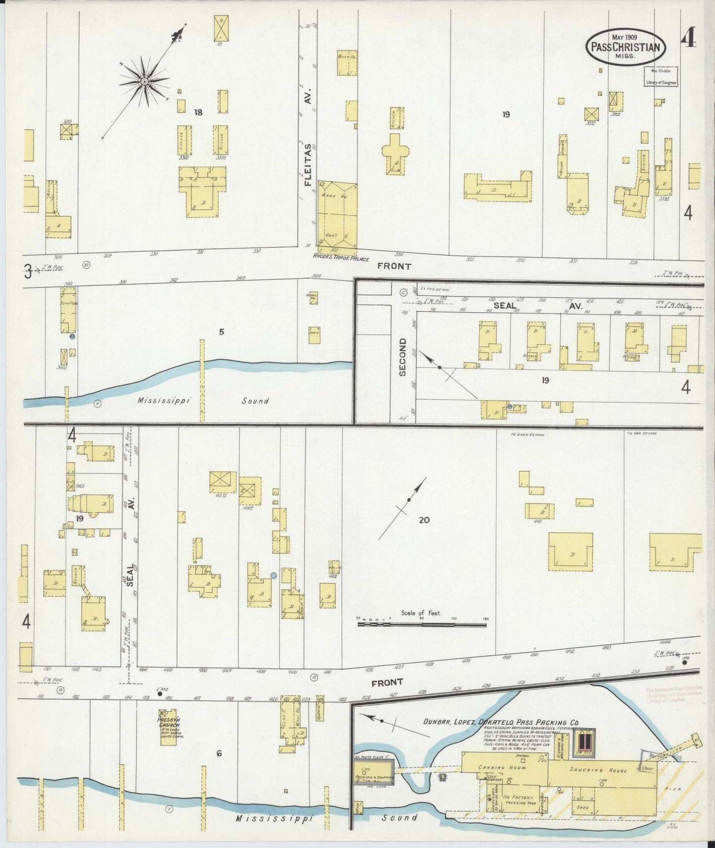 Sanborn Fire Insurance Map from Pass Christian, Harrison County, Mississippi (1909), Sheet #0004 - Historic Sanborn Fire Insurance Map Print, vintage old map wall art, antique decor, genealogy gift, Mississippi Mississippi map