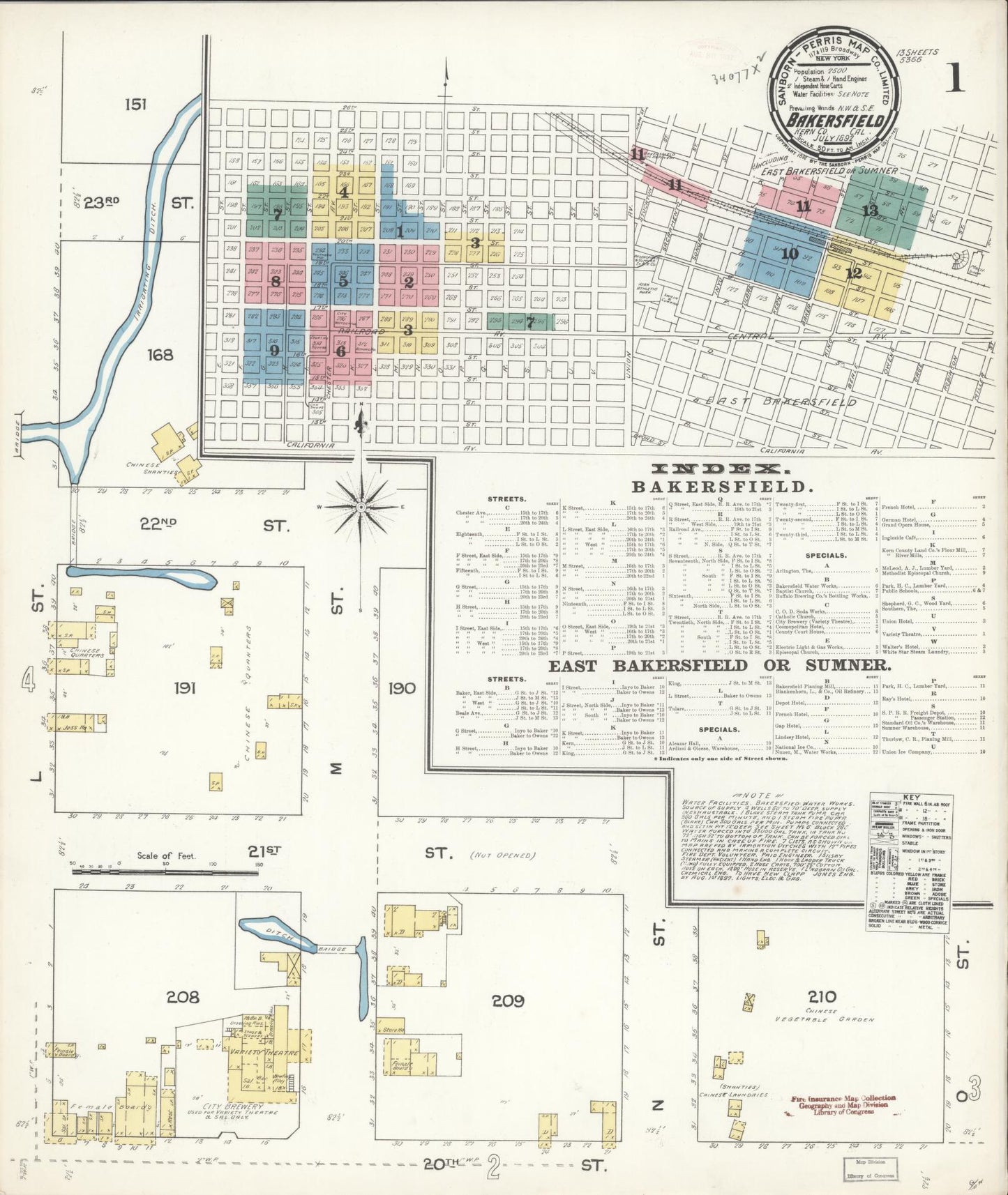 Sanborn Fire Insurance Map from Bakersfield, Kern County, California (1892), Sheet #0001 - Historic Sanborn Fire Insurance Map Print, vintage old map wall art, antique decor, genealogy gift, California California map