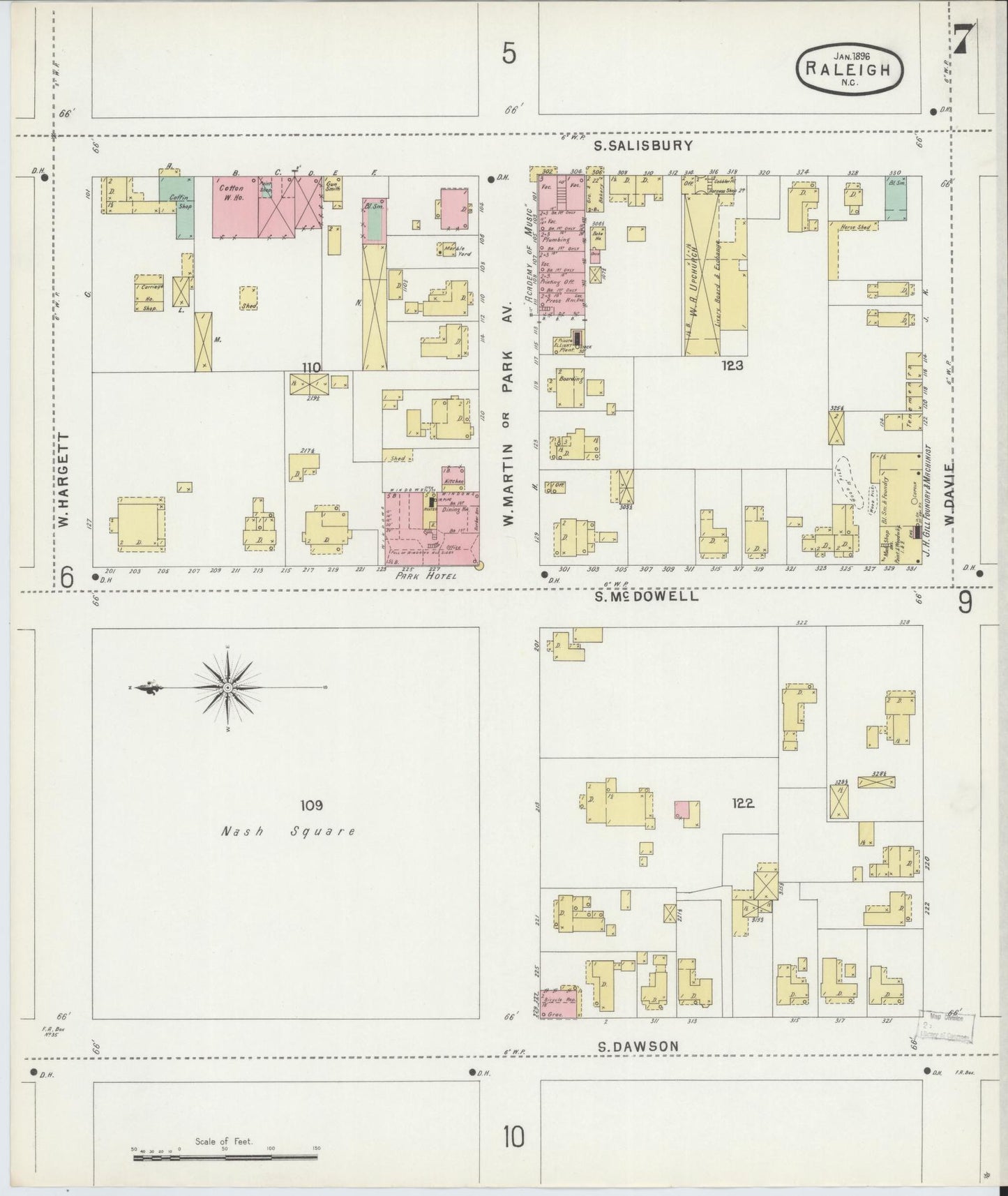 Sanborn Fire Insurance Map from Raleigh, Wake County, North Carolina (1896), Sheet #0007 - Historic Sanborn Fire Insurance Map Print, vintage old map wall art, antique decor, genealogy gift, North Carolina North Carolina map