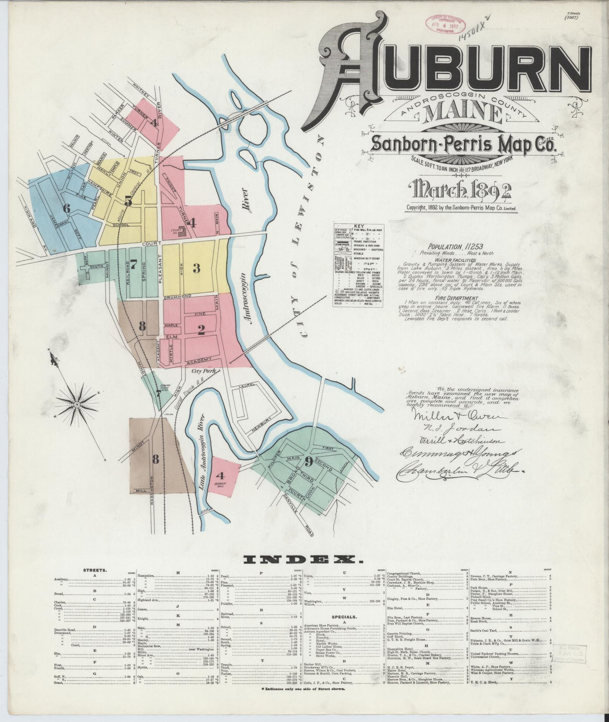 Sanborn Fire Insurance Map from Auburn, Androscoggin County, Maine (1892), Sheet #0001 - Historic Sanborn Fire Insurance Map Print, vintage old map wall art, antique decor, genealogy gift, Maine Maine map