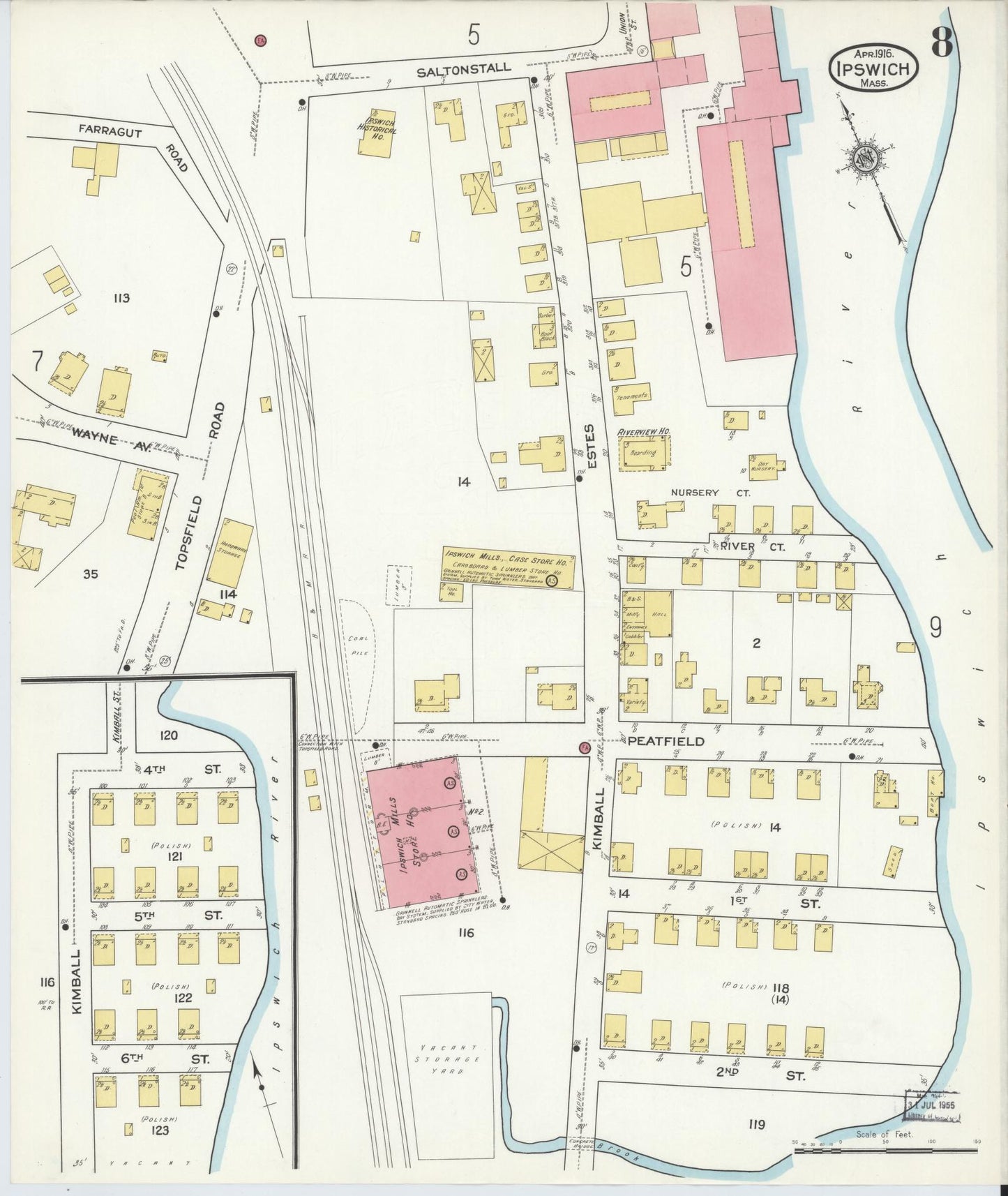 Sanborn Fire Insurance Map from Ipswich, Essex County, Massachusetts (1916), Sheet #0008 - Historic Sanborn Fire Insurance Map Print, vintage old map wall art, antique decor, genealogy gift, Massachusetts Massachusetts map