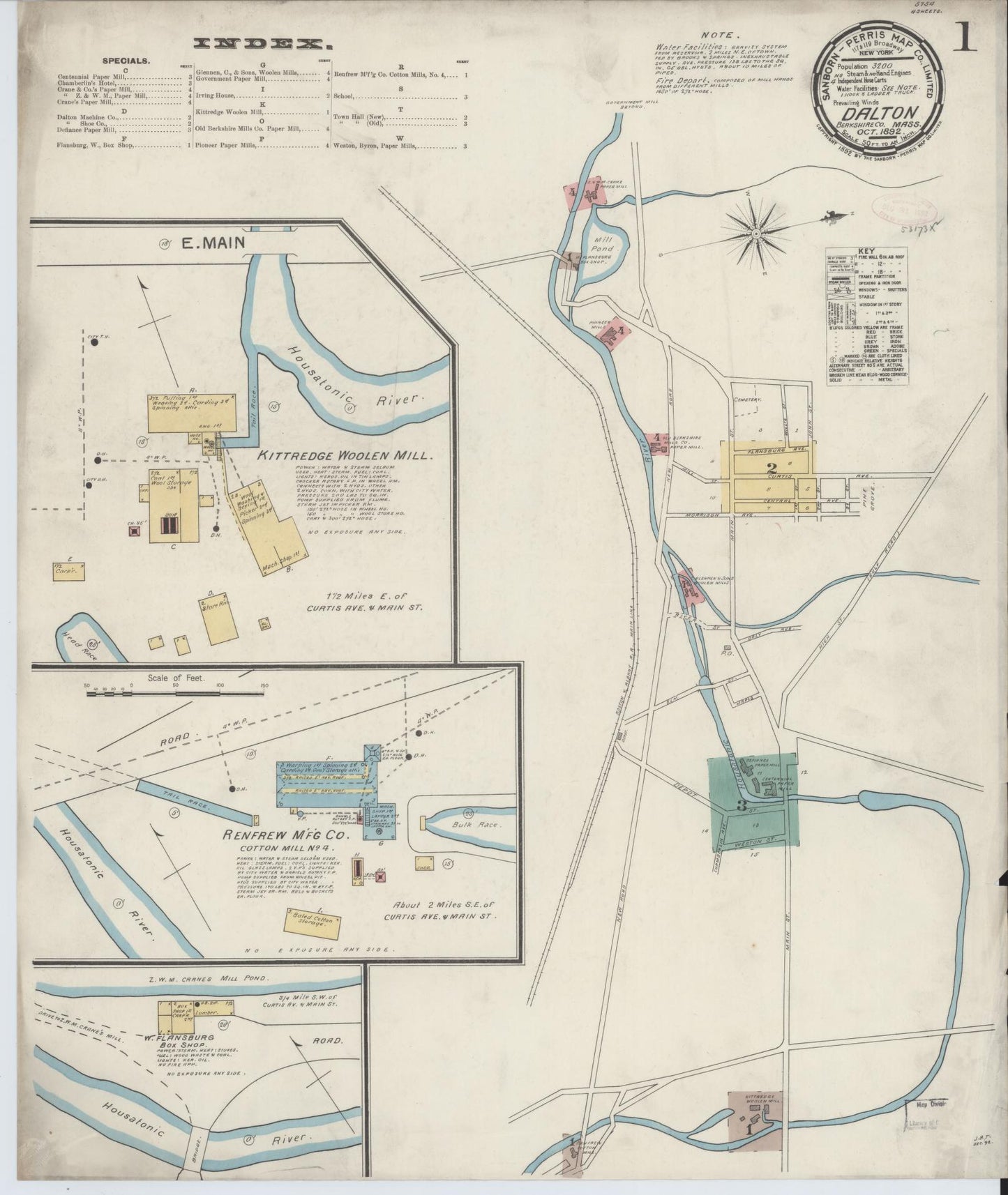 Sanborn Fire Insurance Map from Dalton, Berkshire County, Massachusetts (1892), Sheet #0001 - Historic Sanborn Fire Insurance Map Print, vintage old map wall art, antique decor, genealogy gift, Massachusetts Massachusetts map