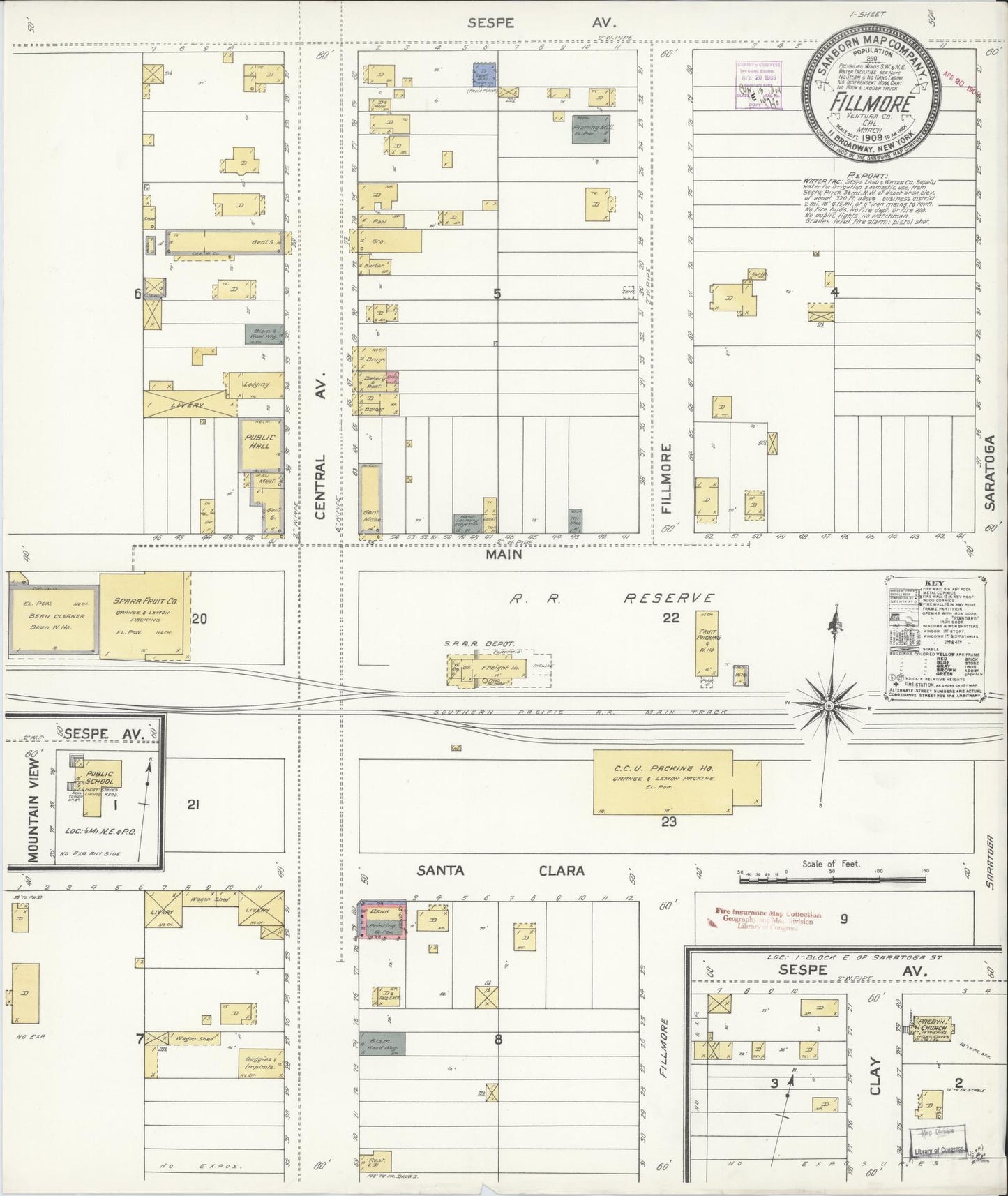 Sanborn Fire Insurance Map from Fillmore, Ventura County, California (1909), Sheet #0001 - Historic Sanborn Fire Insurance Map Print, vintage old map wall art, antique decor, genealogy gift, California California map