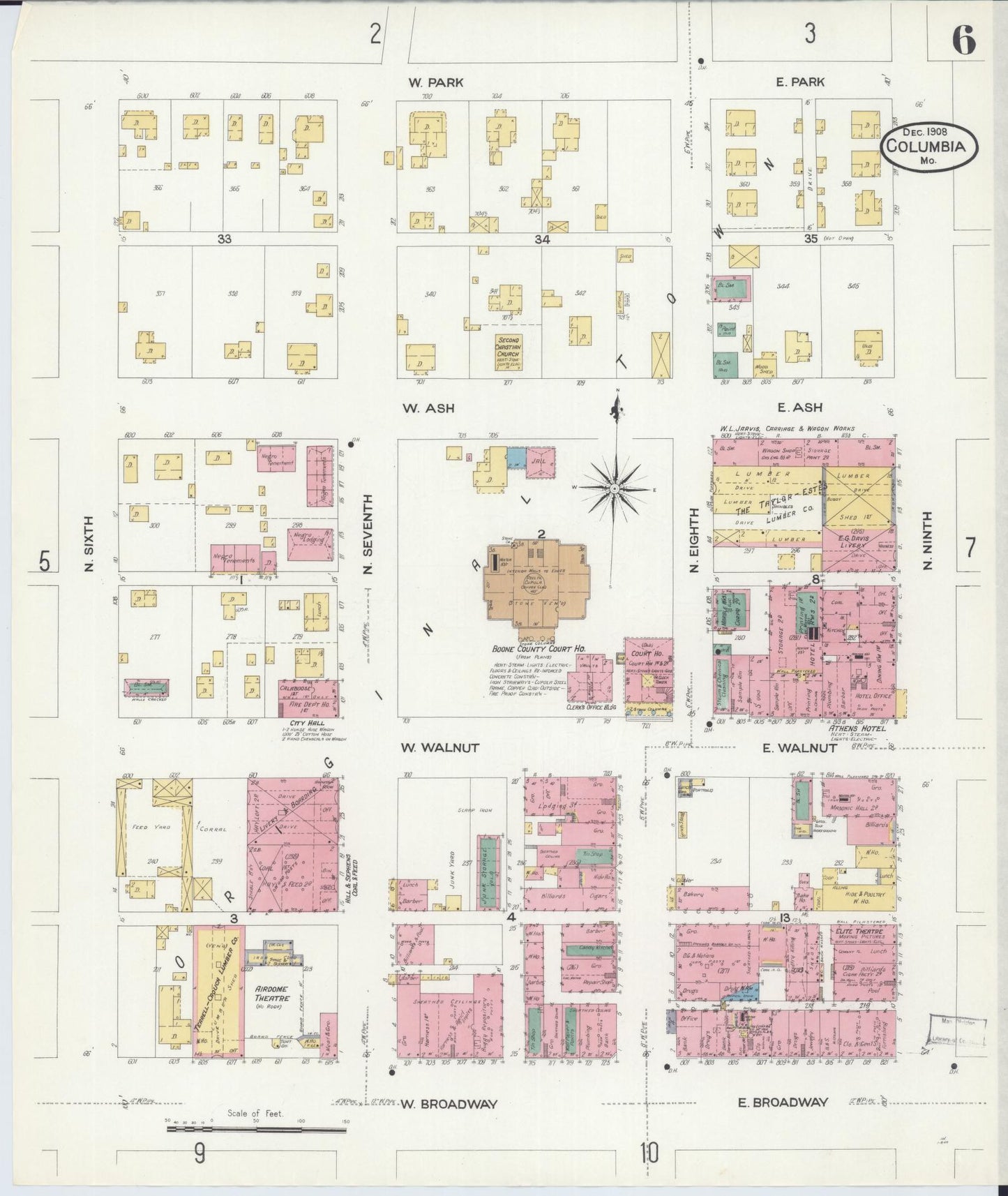 Sanborn Fire Insurance Map from Columbia, Boone County, Missouri (1908), Sheet #0006 - Historic Sanborn Fire Insurance Map Print, vintage old map wall art, antique decor, genealogy gift, Missouri Missouri map