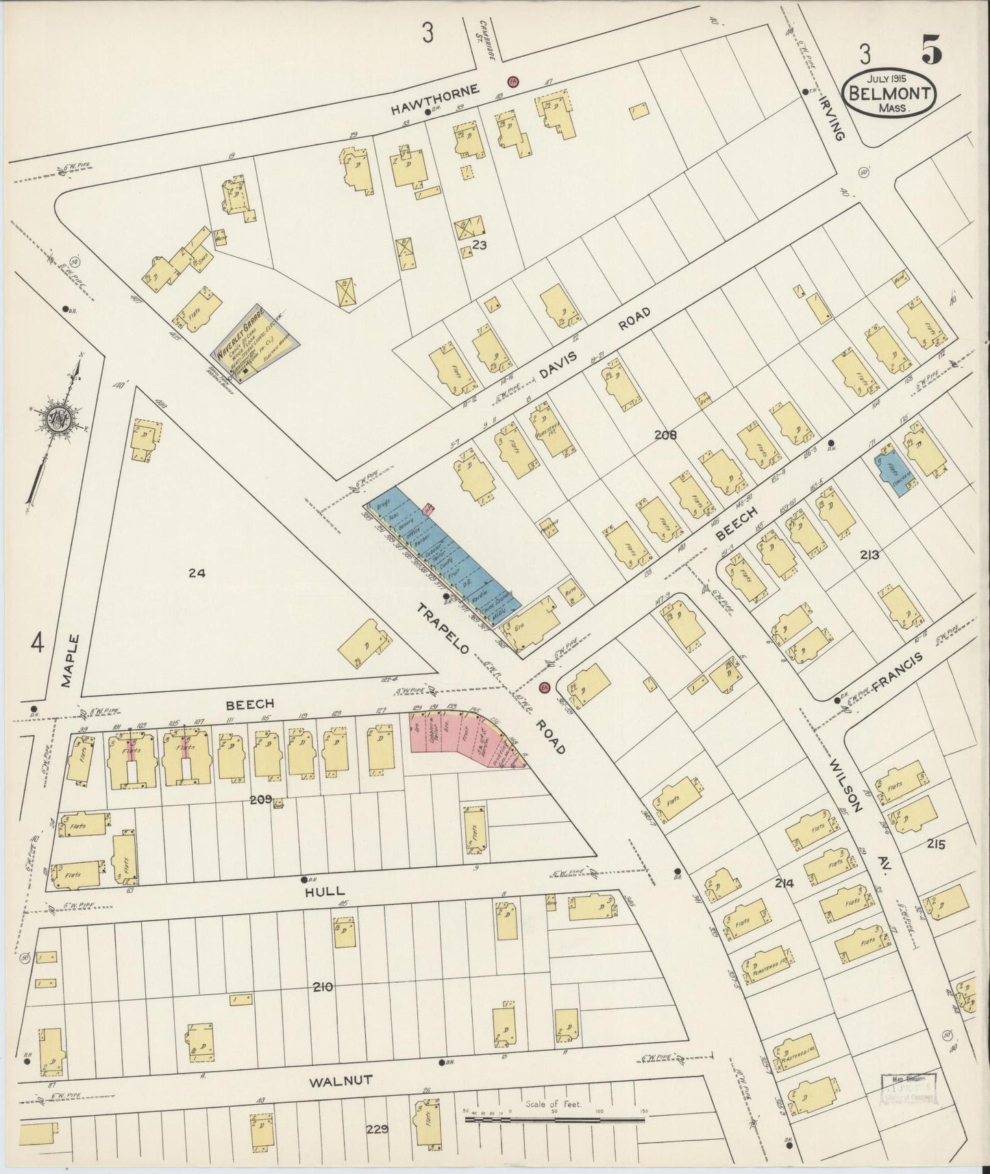 Sanborn Fire Insurance Map from Belmont, Middlesex County, Massachusetts (1915), Sheet #0005 - Historic Sanborn Fire Insurance Map Print, vintage old map wall art, antique decor, genealogy gift, Massachusetts Massachusetts map