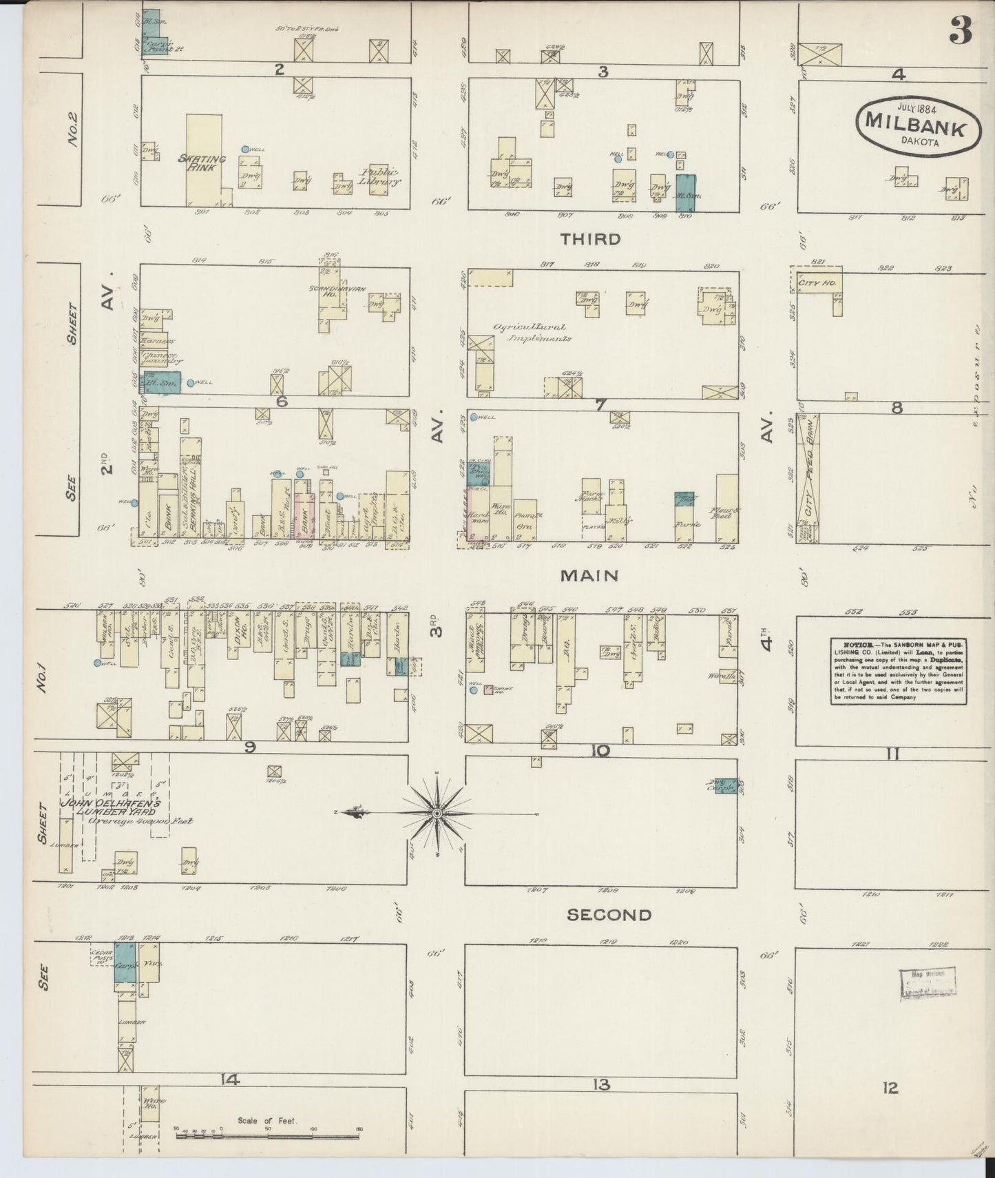 Sanborn Fire Insurance Map from Milbank, Grant County, South Dakota (1884), Sheet #0003 - Historic Sanborn Fire Insurance Map Print, vintage old map wall art, antique decor, genealogy gift, South Dakota South Dakota map