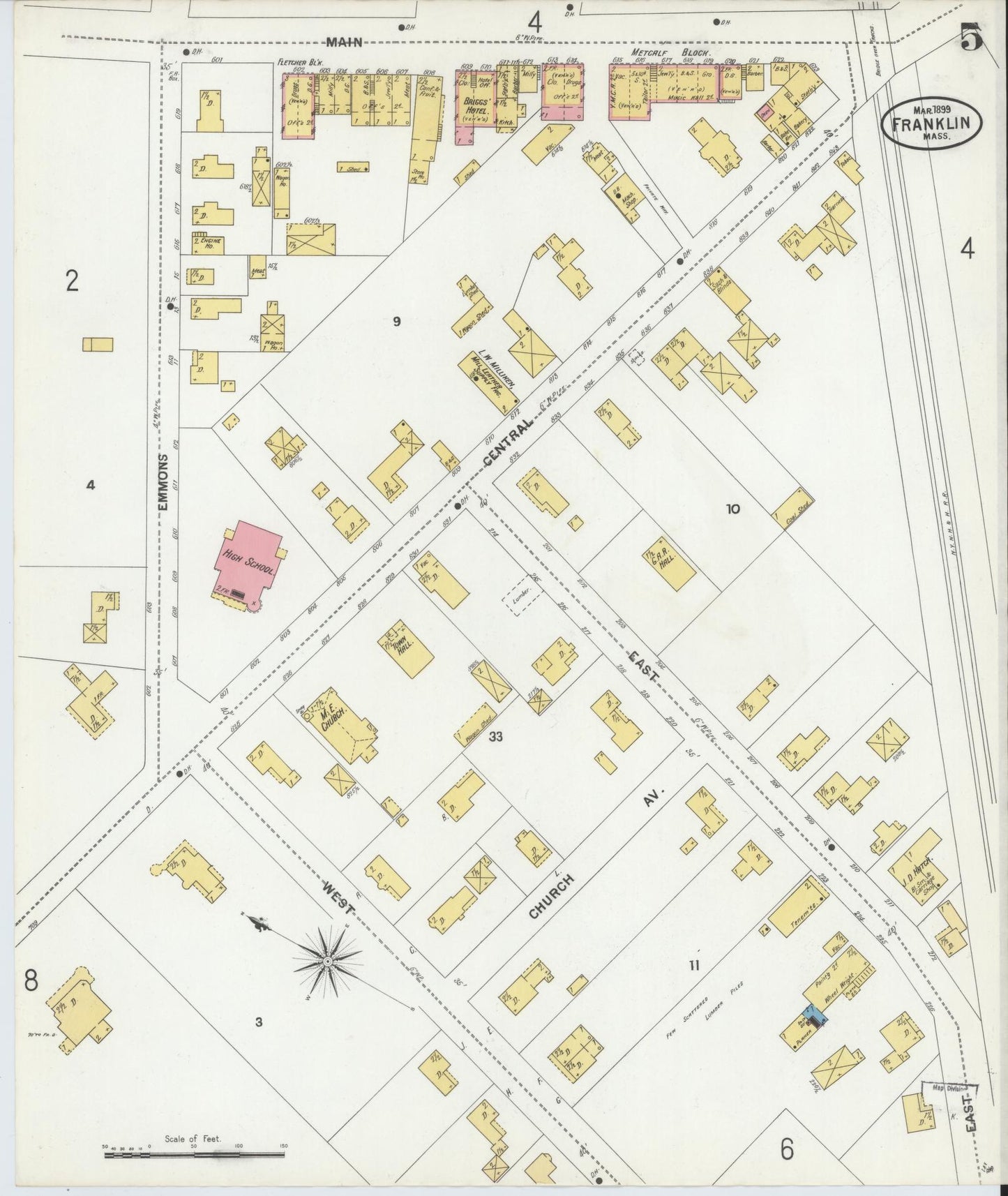 Sanborn Fire Insurance Map from Franklin, Norfolk County, Massachusetts (1899), Sheet #0005 - Historic Sanborn Fire Insurance Map Print, vintage old map wall art, antique decor, genealogy gift, Massachusetts Massachusetts map