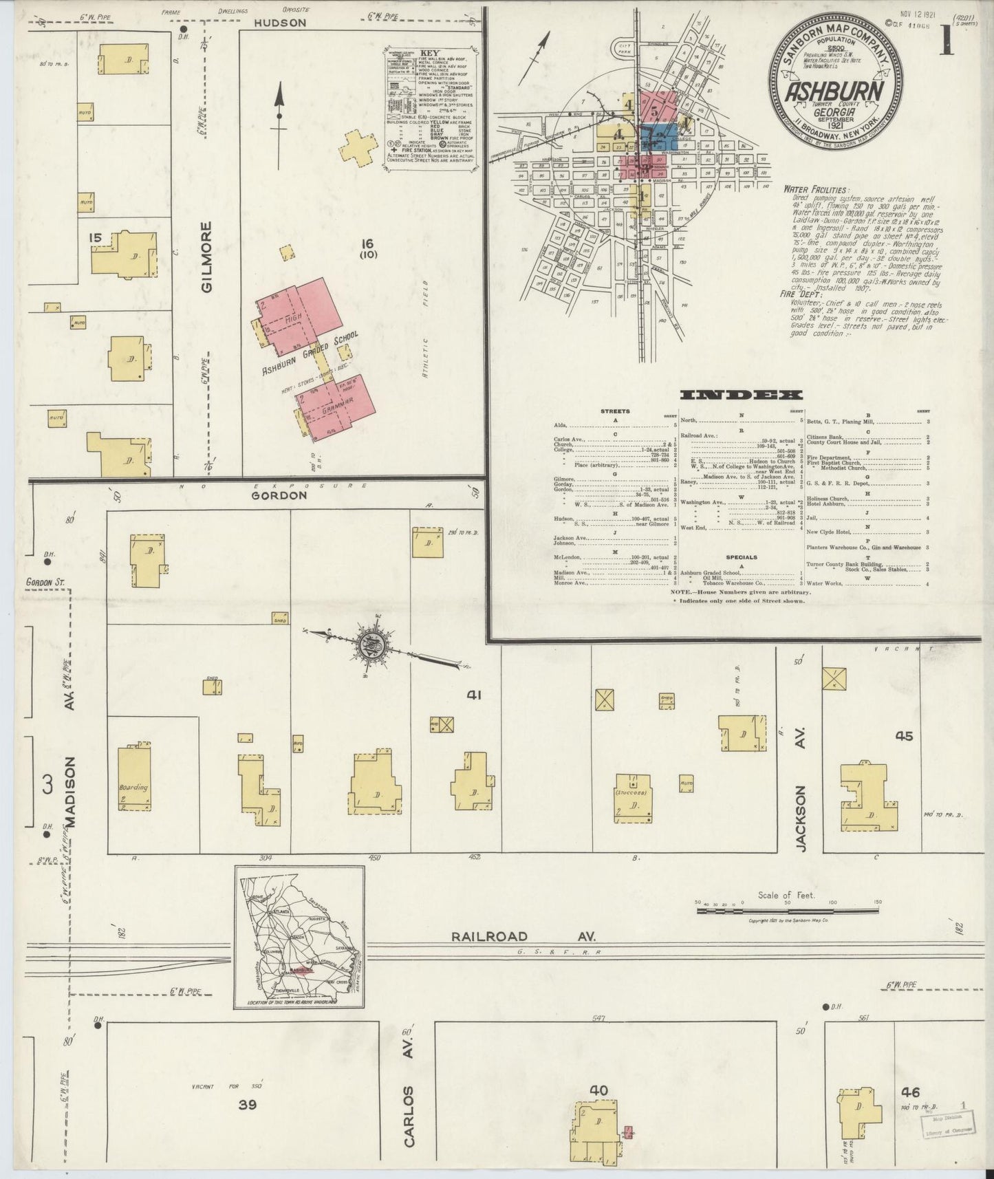 Sanborn Fire Insurance Map from Ashburn, Turner County, Georgia (1921), Sheet #0001 - Historic Sanborn Fire Insurance Map Print, vintage old map wall art, antique decor, genealogy gift, Georgia Georgia map