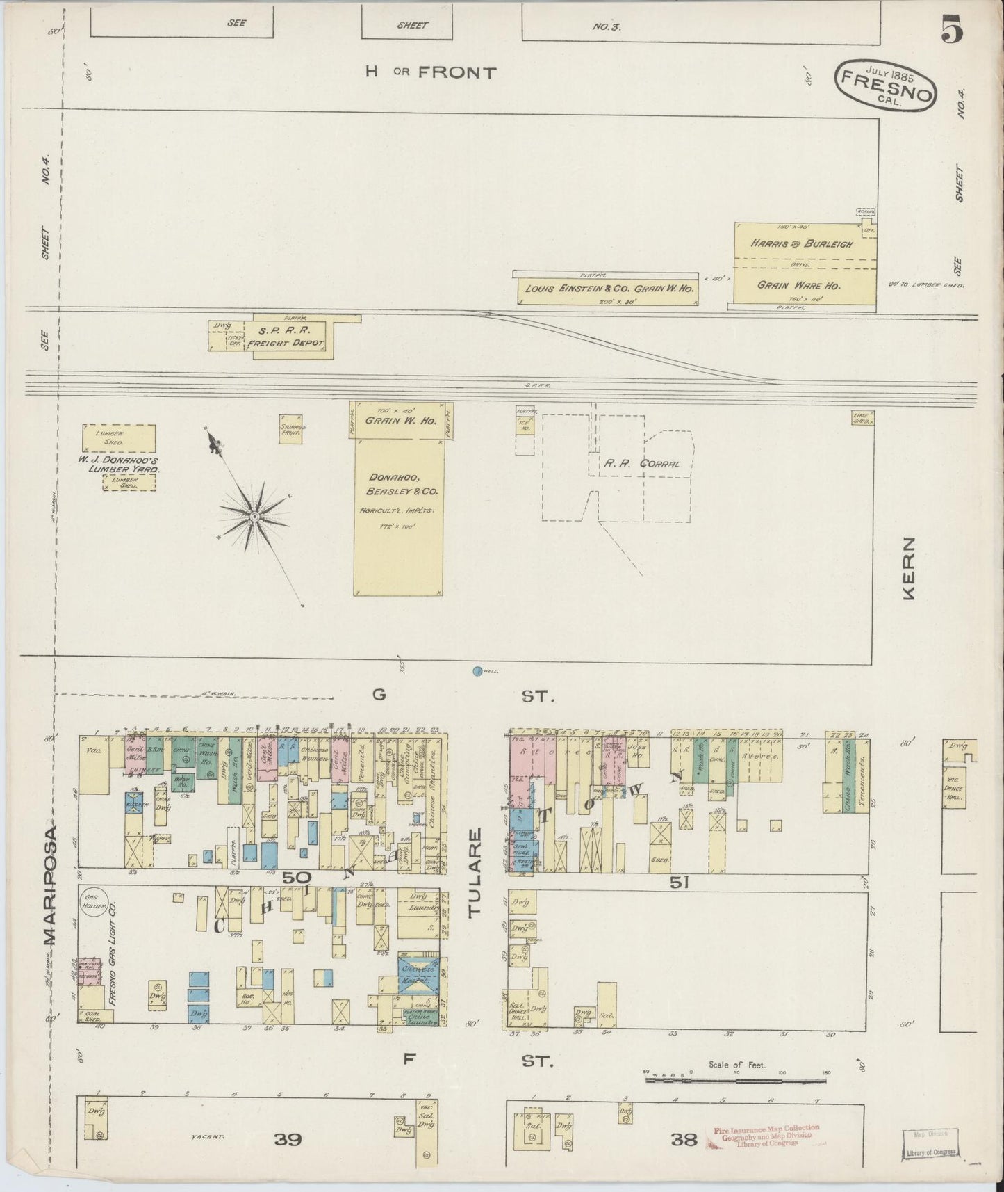 Sanborn Fire Insurance Map from Fresno, Fresno County, California (1885), Sheet #0005 - Historic Sanborn Fire Insurance Map Print, vintage old map wall art, antique decor, genealogy gift, California California map