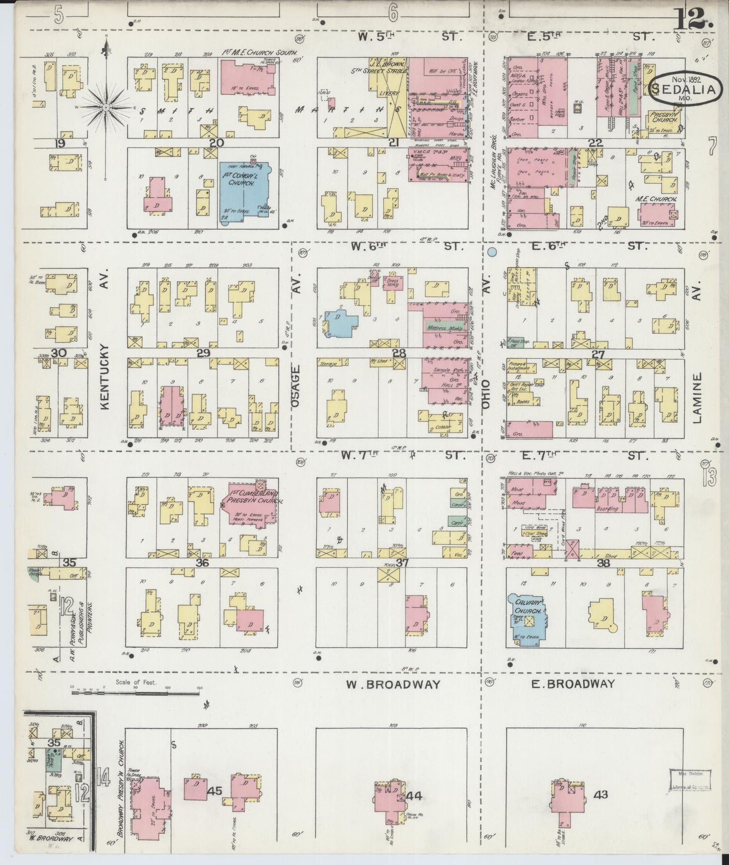 Sanborn Fire Insurance Map from Sedalia, Pettis County, Missouri (1892), Sheet #0012 - Historic Sanborn Fire Insurance Map Print, vintage old map wall art, antique decor, genealogy gift, Missouri Missouri map