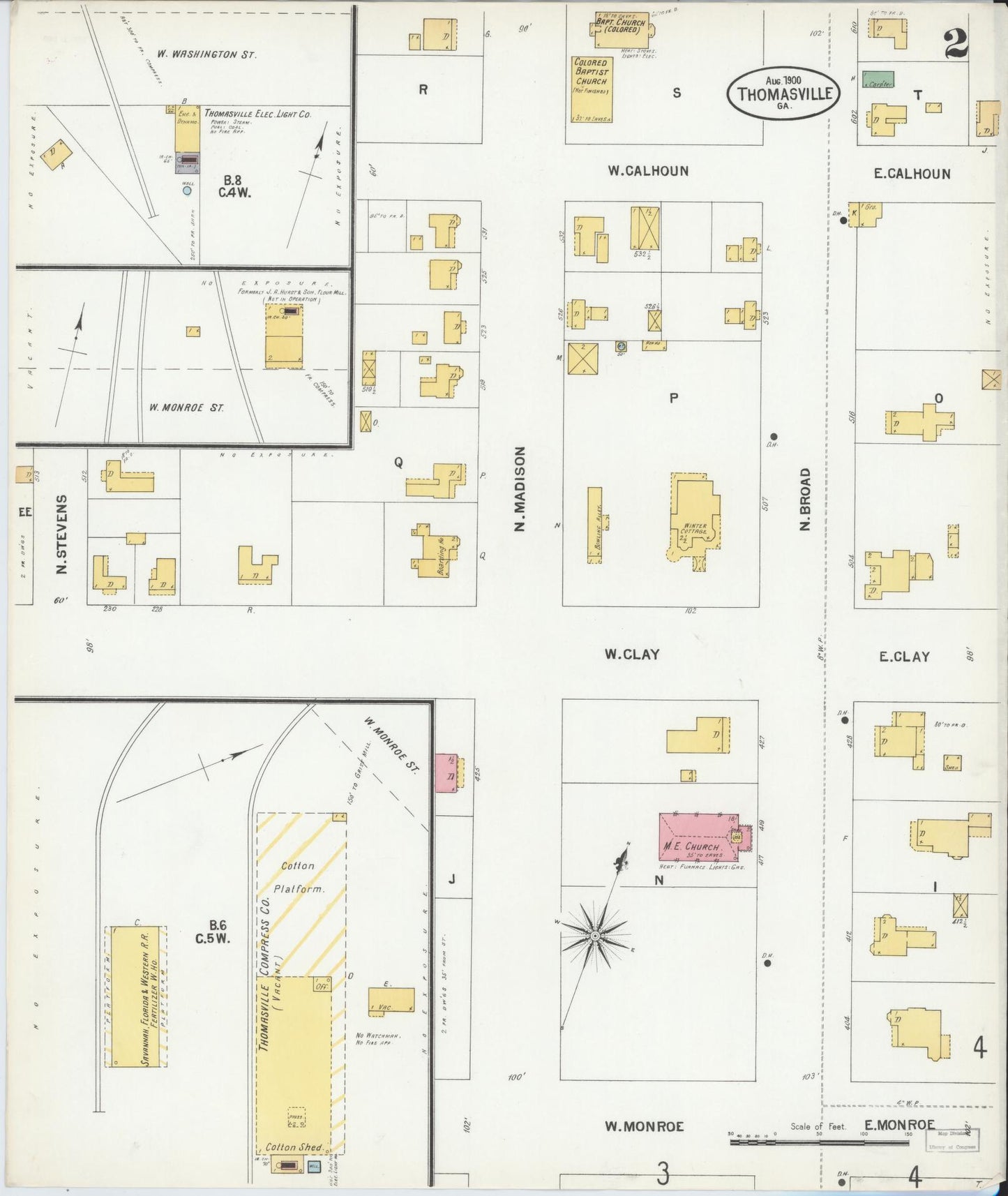 Sanborn Fire Insurance Map from Thomasville, Thomas County, Georgia (1900), Sheet #0002 - Historic Sanborn Fire Insurance Map Print, vintage old map wall art, antique decor, genealogy gift, Georgia Georgia map