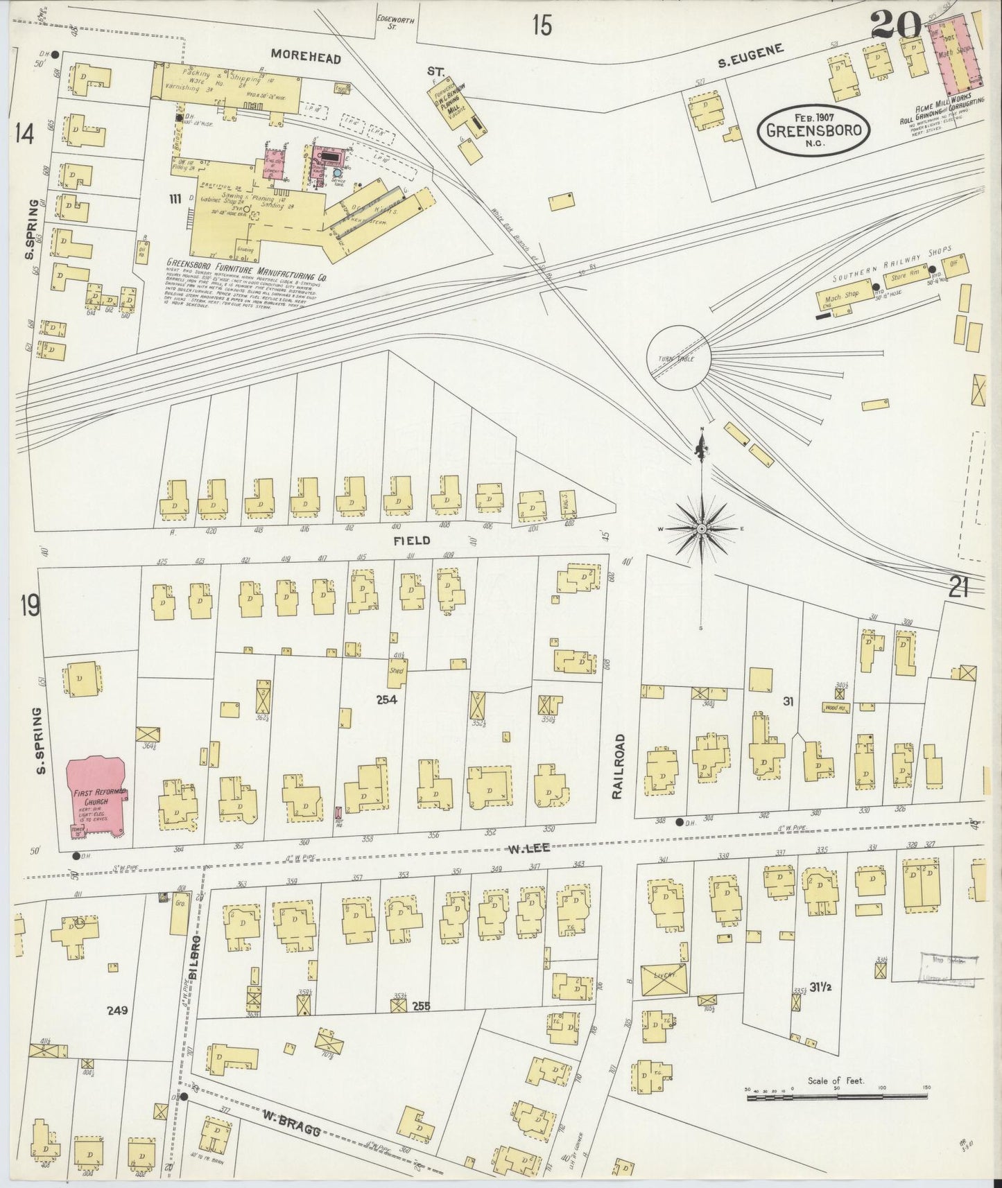 Sanborn Fire Insurance Map from Greensboro, Guilford County, North Carolina (1907), Sheet #0020 - Historic Sanborn Fire Insurance Map Print, vintage old map wall art, antique decor, genealogy gift, North Carolina North Carolina map