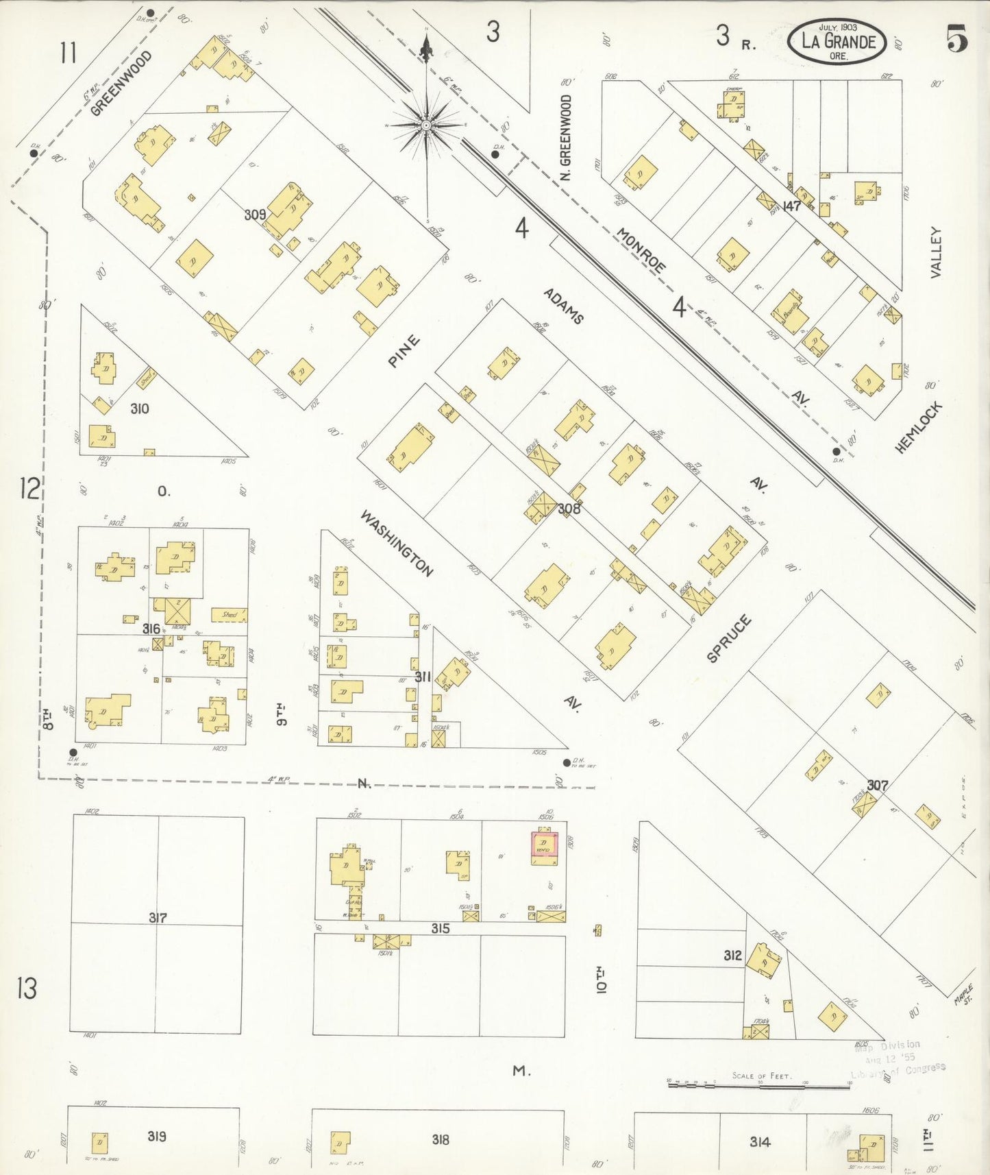 Sanborn Fire Insurance Map from La Grande, Union County, Oregon (1903), Sheet #0005 - Historic Sanborn Fire Insurance Map Print, vintage old map wall art, antique decor, genealogy gift, Oregon Oregon map