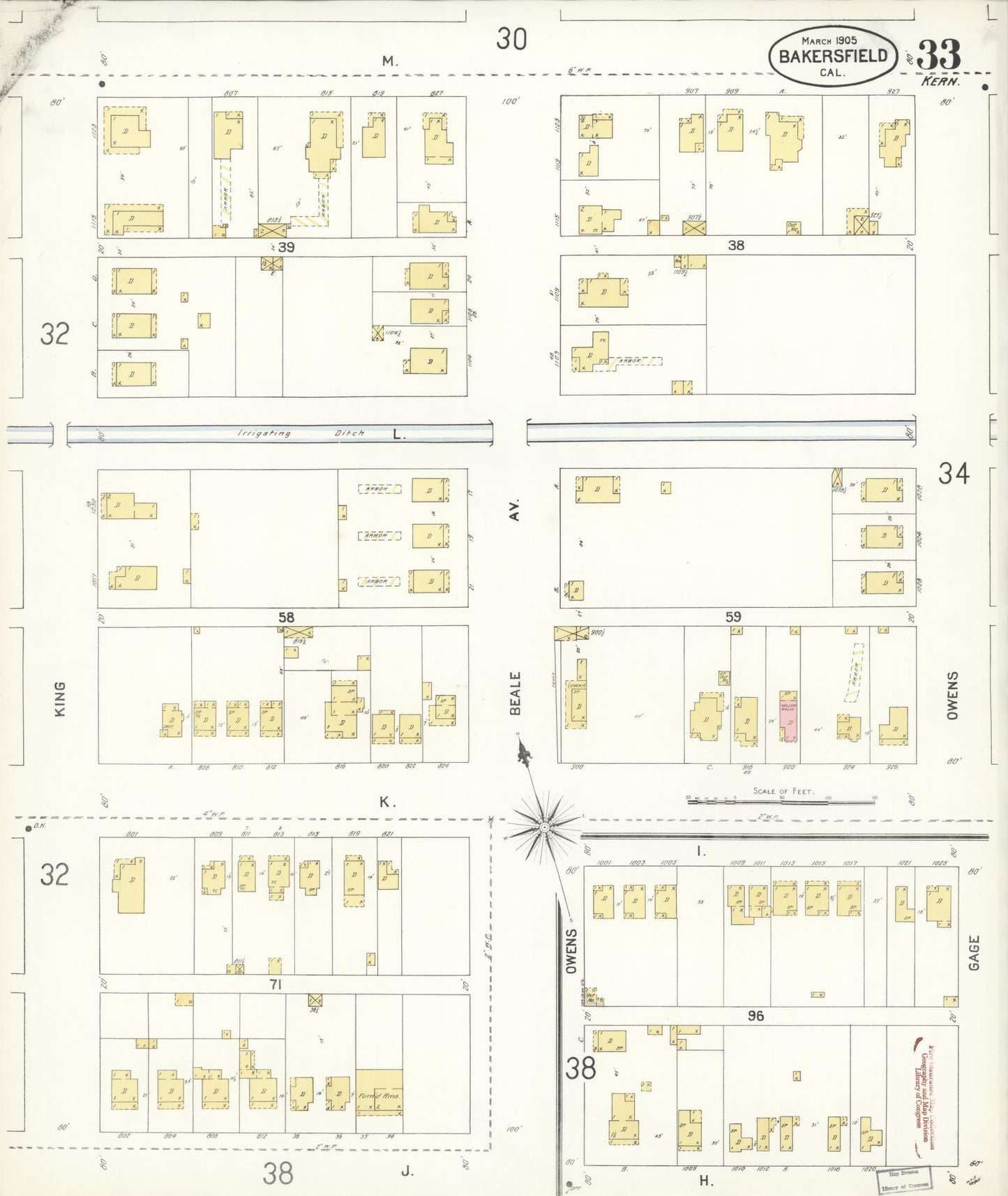 Sanborn Fire Insurance Map from Bakersfield, Kern County, California (1905), Sheet #0033 - Historic Sanborn Fire Insurance Map Print, vintage old map wall art, antique decor, genealogy gift, California California map