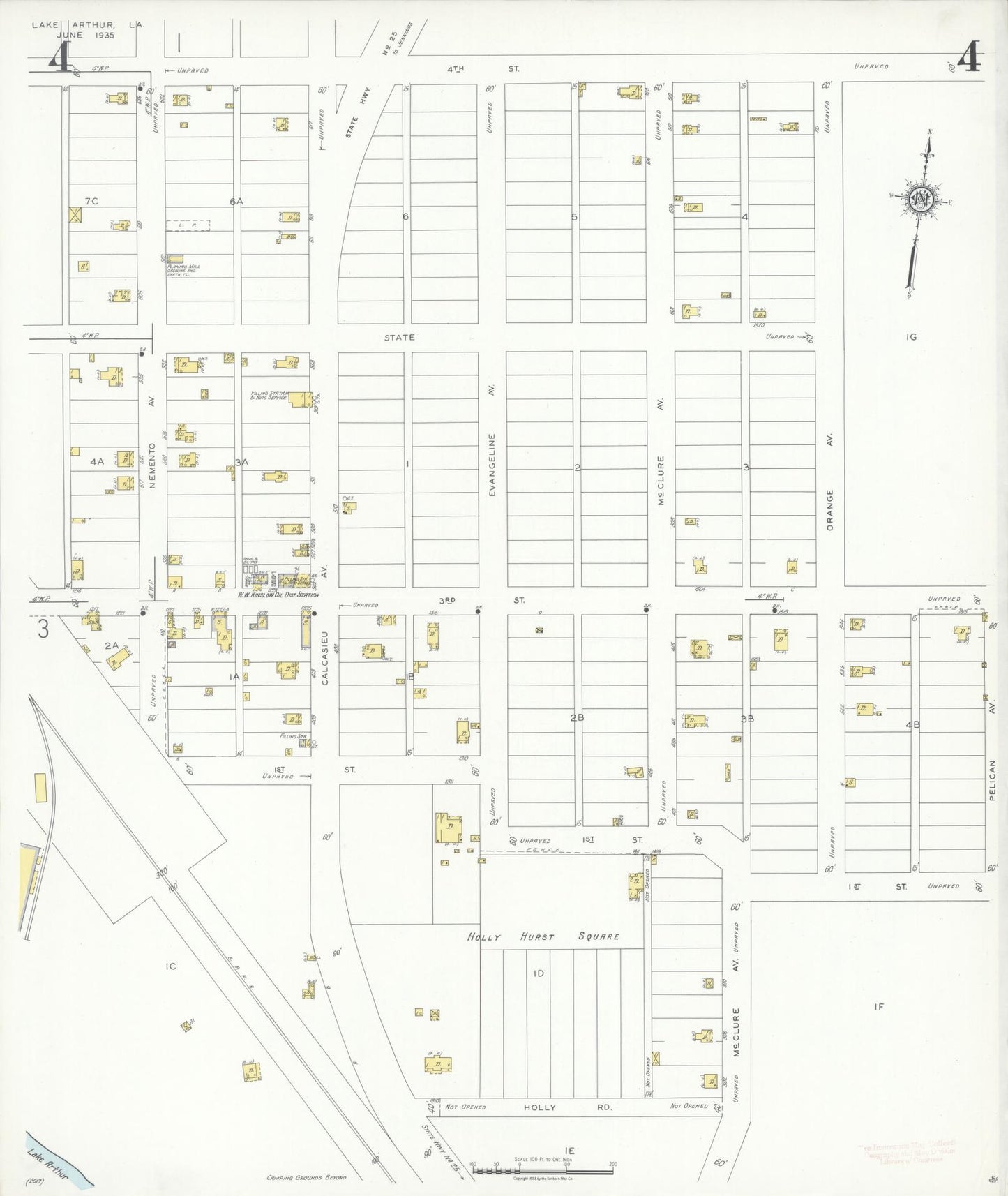 Sanborn Fire Insurance Map from Lake Arthur, Jefferson Davis Parish, Louisiana (1935), Sheet #0004 - Historic Sanborn Fire Insurance Map Print, vintage old map wall art, antique decor, genealogy gift, Louisiana Louisiana map