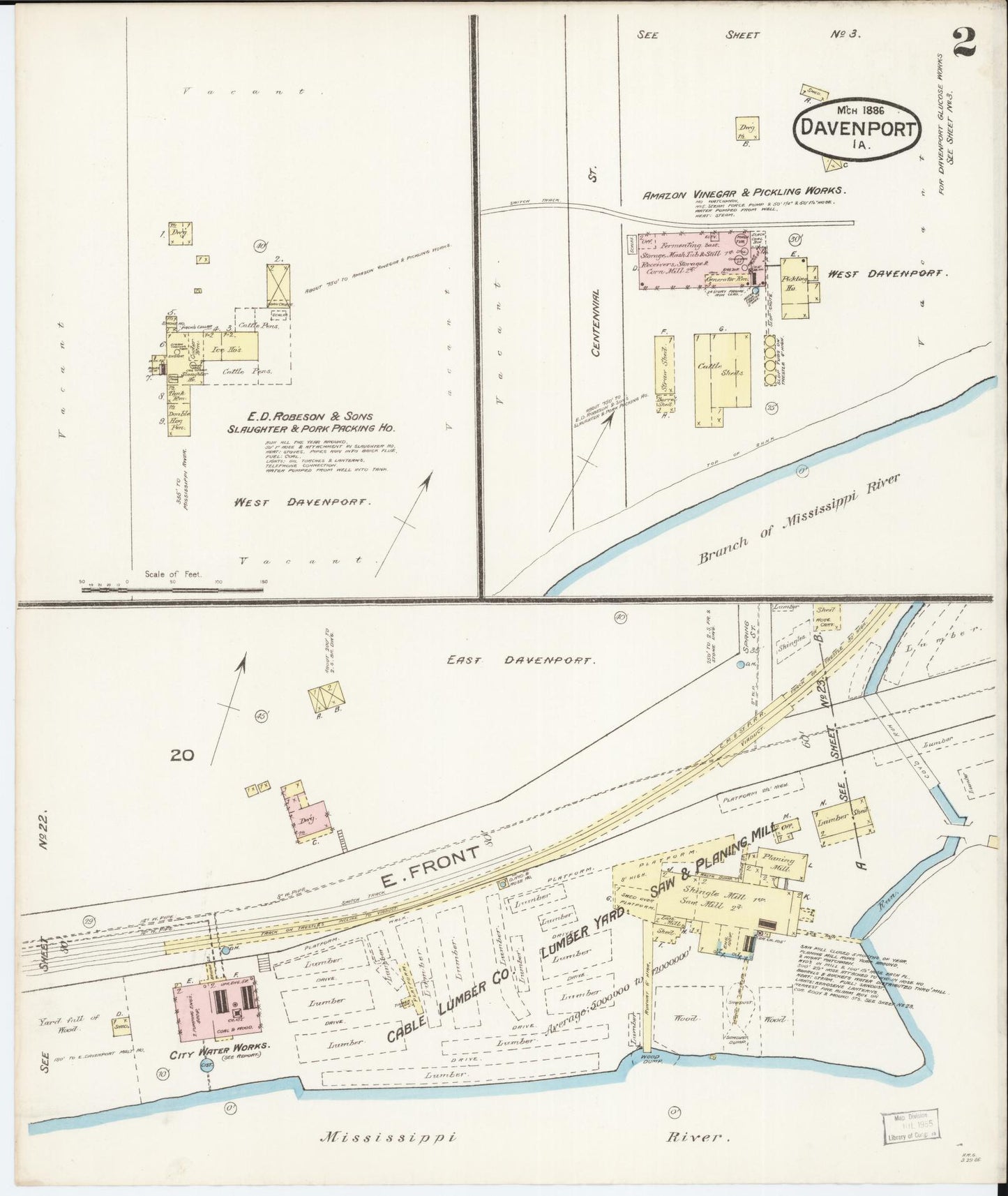 Sanborn Fire Insurance Map from Davenport, Scott County, Iowa (1886), Sheet #0002 - Historic Sanborn Fire Insurance Map Print, vintage old map wall art