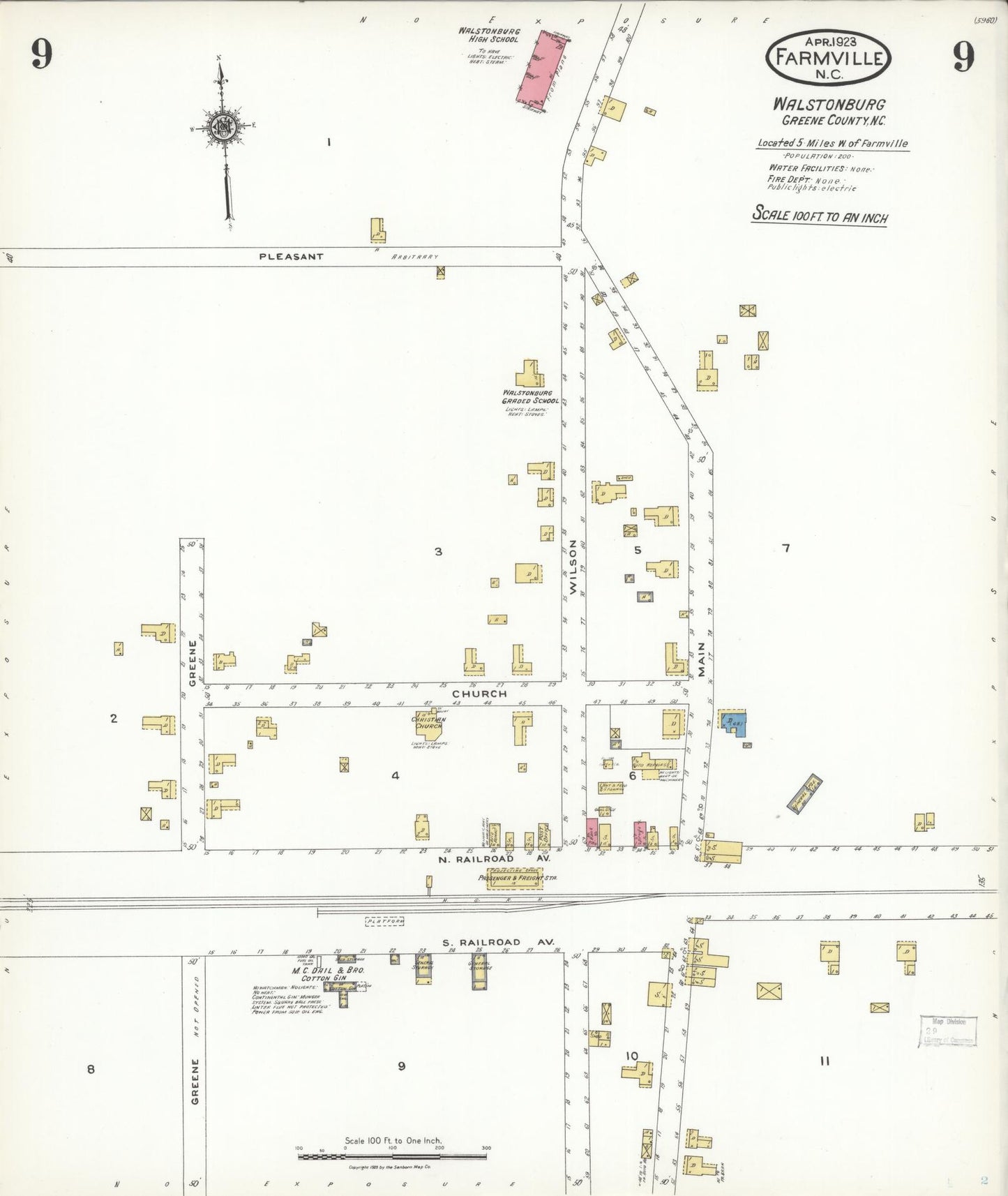 Sanborn Fire Insurance Map from Farmville, Pitt County, North Carolina (1923), Sheet #0009 - Historic Sanborn Fire Insurance Map Print, vintage old map wall art, antique decor, genealogy gift, North Carolina North Carolina map