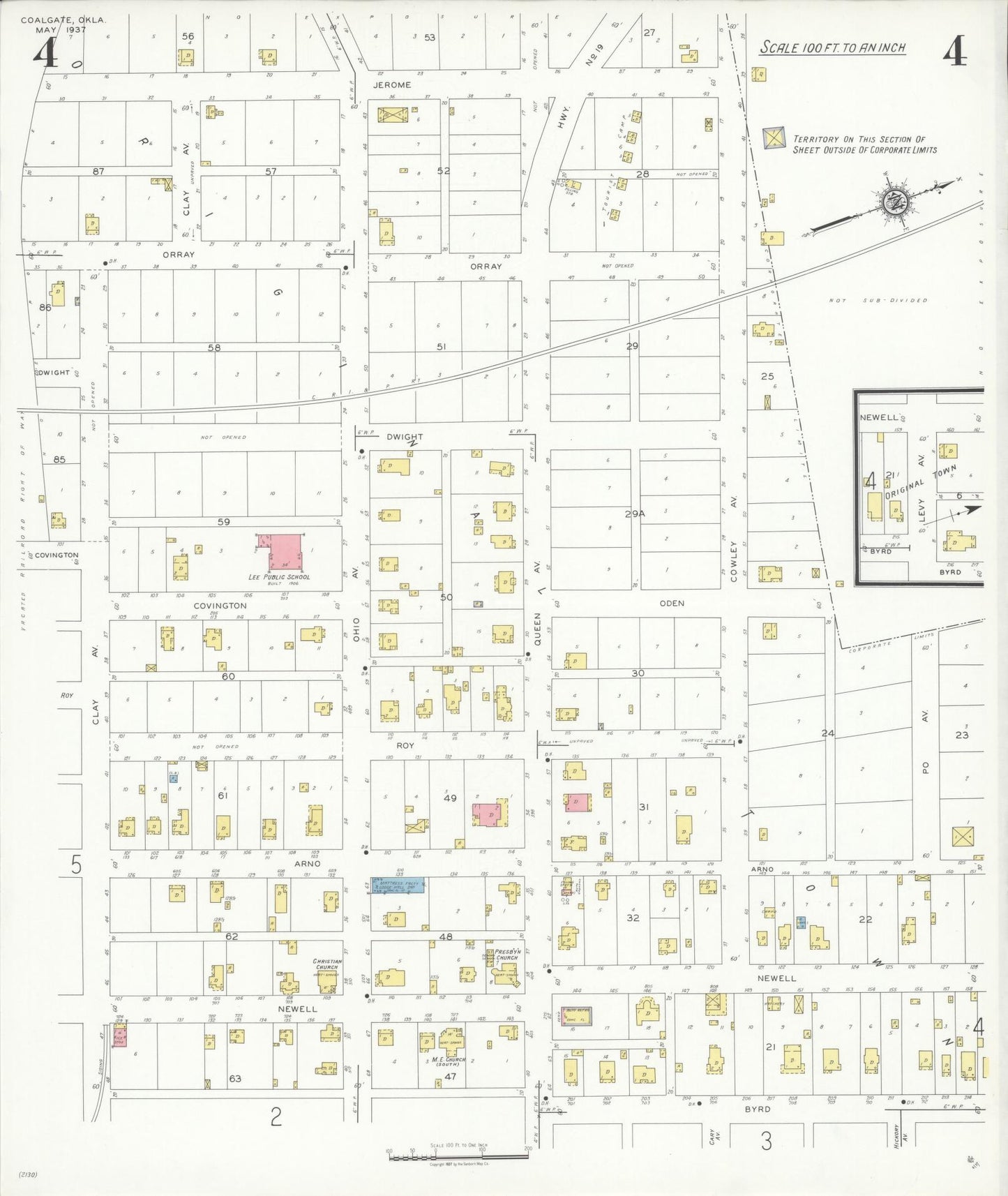 Sanborn Fire Insurance Map from Coalgate, Coal County, Oklahoma (1937), Sheet #0004 - Historic Sanborn Fire Insurance Map Print, vintage old map wall art, antique decor, genealogy gift, Oklahoma Oklahoma map