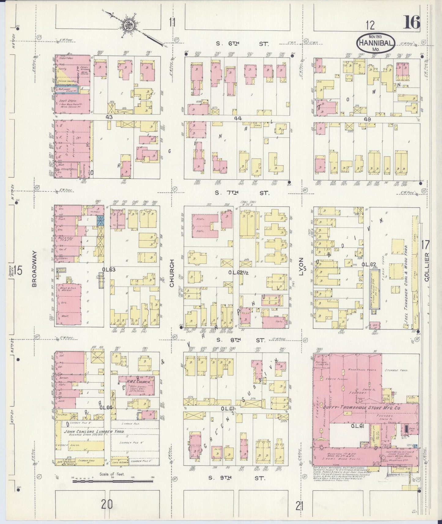 Sanborn Fire Insurance Map from Hannibal, Marion County, Missouri (1913), Sheet #0016 - Historic Sanborn Fire Insurance Map Print, vintage old map wall art, antique decor, genealogy gift, Missouri Missouri map