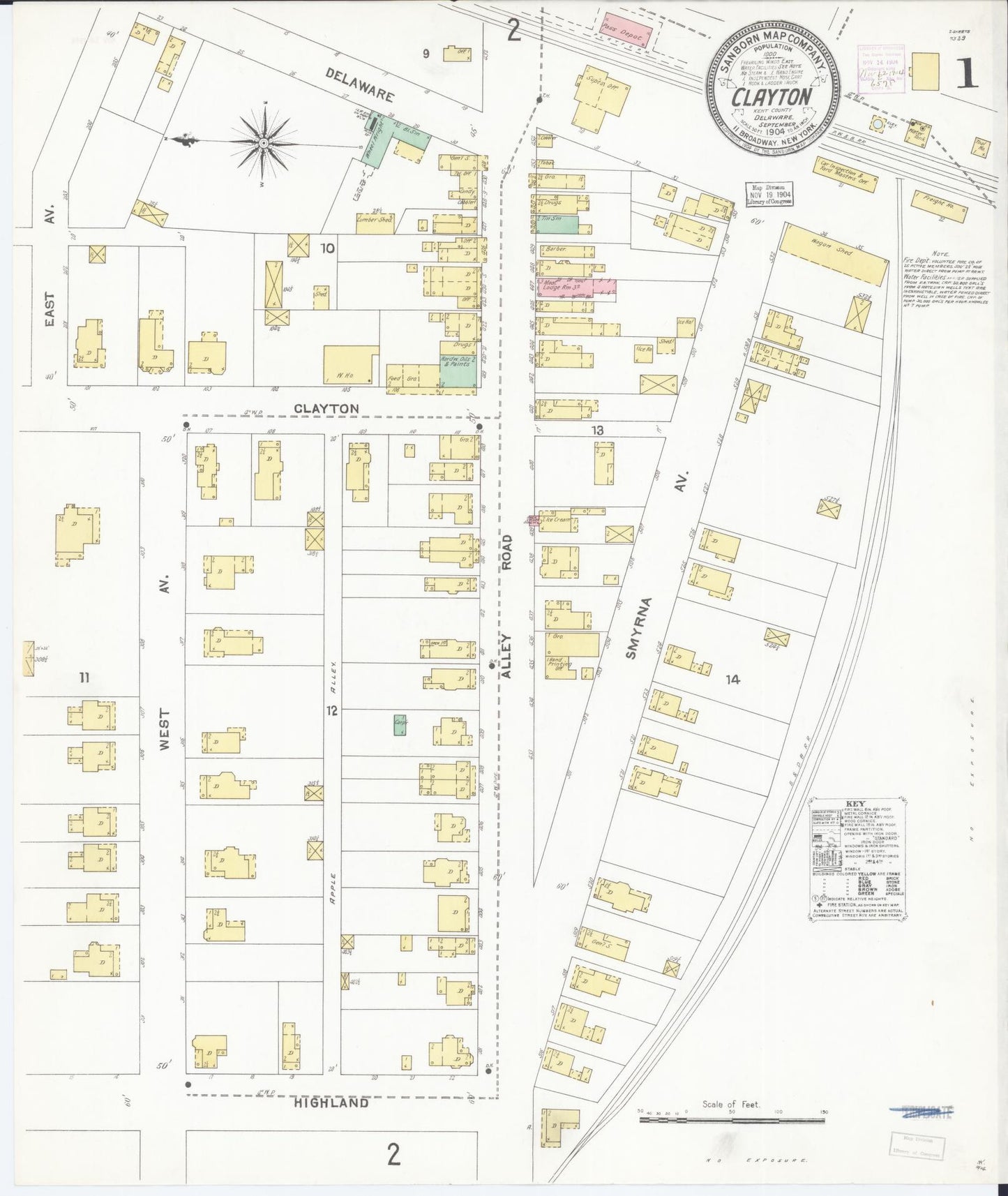 Sanborn Fire Insurance Map from Clayton, Kent County, Delaware (1904), Sheet #0001 - Historic Sanborn Fire Insurance Map Print, vintage old map wall art, antique decor, genealogy gift, Delaware Delaware map
