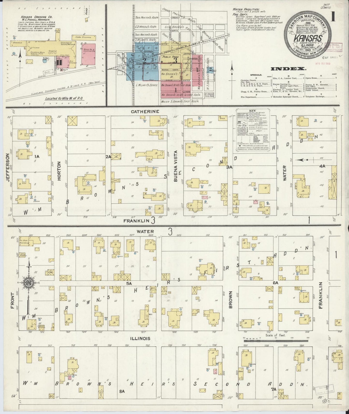 Sanborn Fire Insurance Map from Kansas, Edgar County, Illinois (1910), Sheet #0001 - Historic Sanborn Fire Insurance Map Print, vintage old map wall art, antique decor, genealogy gift, Kansas Kansas map