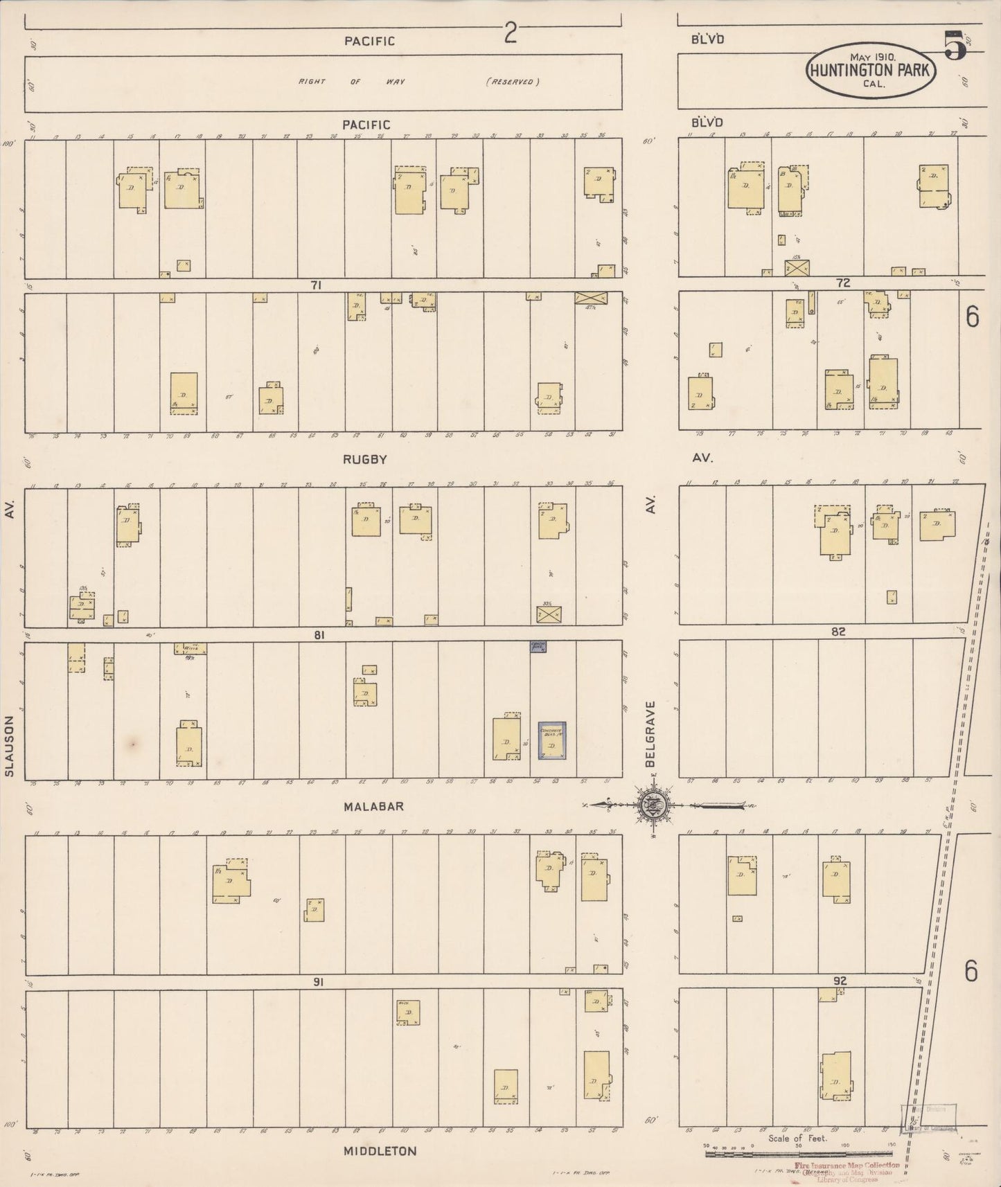 Sanborn Fire Insurance Map from Huntington Park, Los Angeles County, California (1910), Sheet #0005 - Historic Sanborn Fire Insurance Map Print, vintage old map wall art, antique decor, genealogy gift, California California map