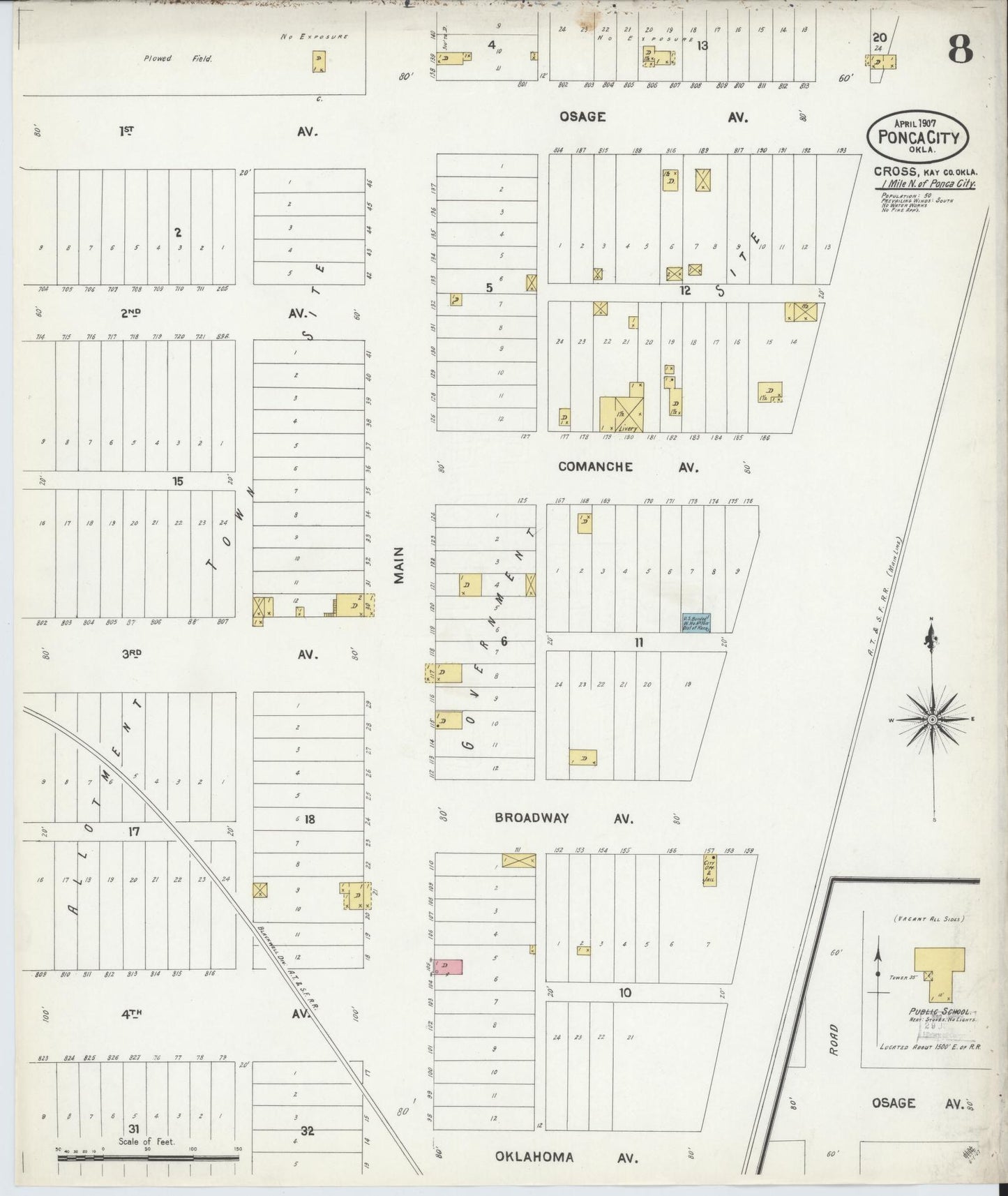 Sanborn Fire Insurance Map from Ponca City, Kay County, Oklahoma (1907), Sheet #0008 - Historic Sanborn Fire Insurance Map Print, vintage old map wall art, antique decor, genealogy gift, Oklahoma Oklahoma map