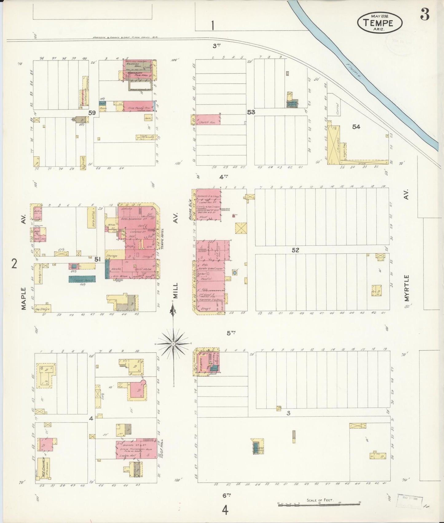 Sanborn Fire Insurance Map from Tempe, Maricopa County, Arizona (1898), Sheet #0003 - Historic Sanborn Fire Insurance Map Print, vintage old map wall art, antique decor, genealogy gift, Arizona Arizona map