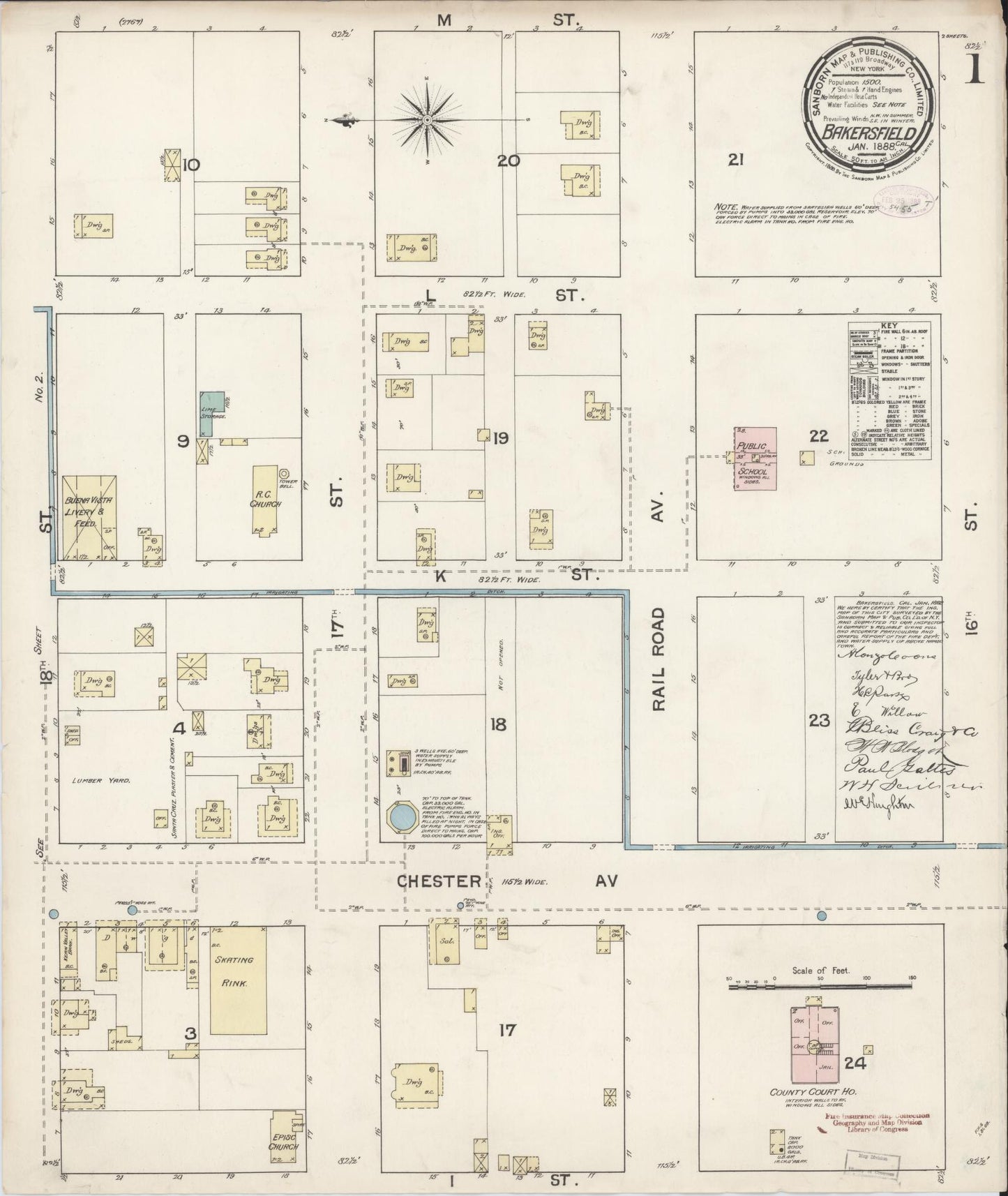 Sanborn Fire Insurance Map from Bakersfield, Kern County, California (1888), Sheet #0001 - Historic Sanborn Fire Insurance Map Print, vintage old map wall art, antique decor, genealogy gift, California California map