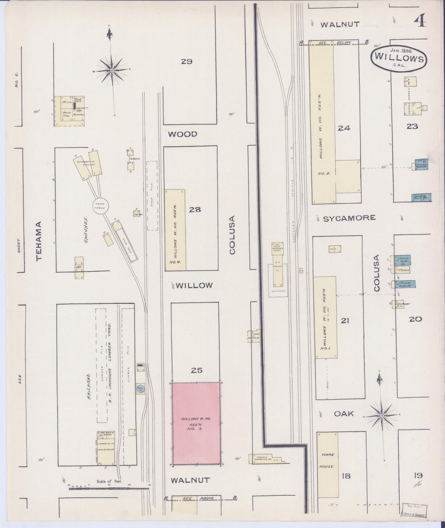 Sanborn Fire Insurance Map from Willows, Glenn County, California (1886), Sheet #0004 - Complete Map Set gallery image, historic Sanborn map, vintage wall art, California California