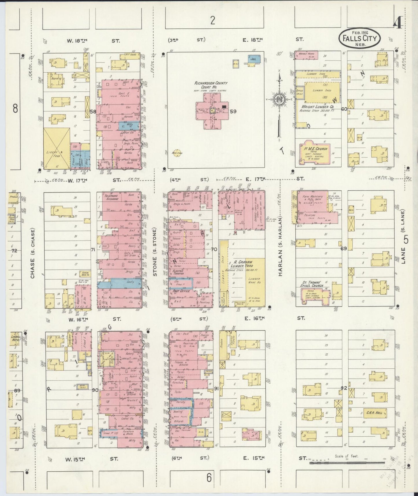 Sanborn Fire Insurance Map from Falls City, Richardson County, Nebraska (1916), Sheet #0004 - Historic Sanborn Fire Insurance Map Print, vintage old map wall art, antique decor, genealogy gift, Nebraska Nebraska map