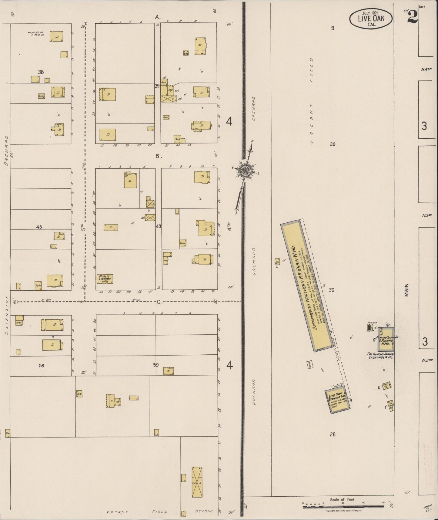 Sanborn Fire Insurance Map from Live Oak, Sutter County, California (1921), Sheet #0002 - Historic Sanborn Fire Insurance Map Print, vintage old map wall art, antique decor, genealogy gift, California California map