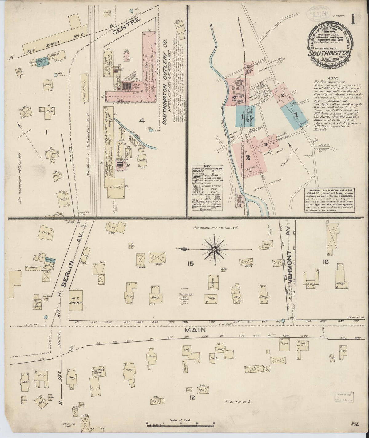 Sanborn Fire Insurance Map from Southington, Hartford County, Connecticut (1884), Sheet #0001 - Historic Sanborn Fire Insurance Map Print, vintage old map wall art, antique decor, genealogy gift, Connecticut Connecticut map