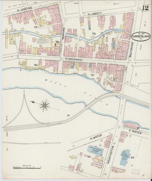 Allegany, Maryland - 1887 - Sanborn Fire Insurance Map, Sheet #0012 - Historic Sanborn Fire Insurance Map Print, Allegany Maryland 1887 0012 vintage old map wall art