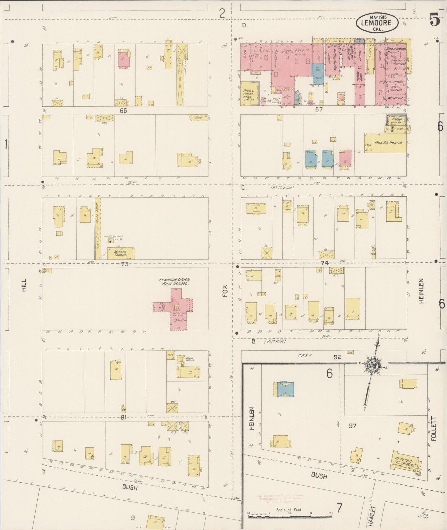 Sanborn Fire Insurance Map from Lemoore, Kings County, California (1915), Sheet #0005 - Historic Sanborn Fire Insurance Map Print, vintage old map wall art, antique decor, genealogy gift, California California map