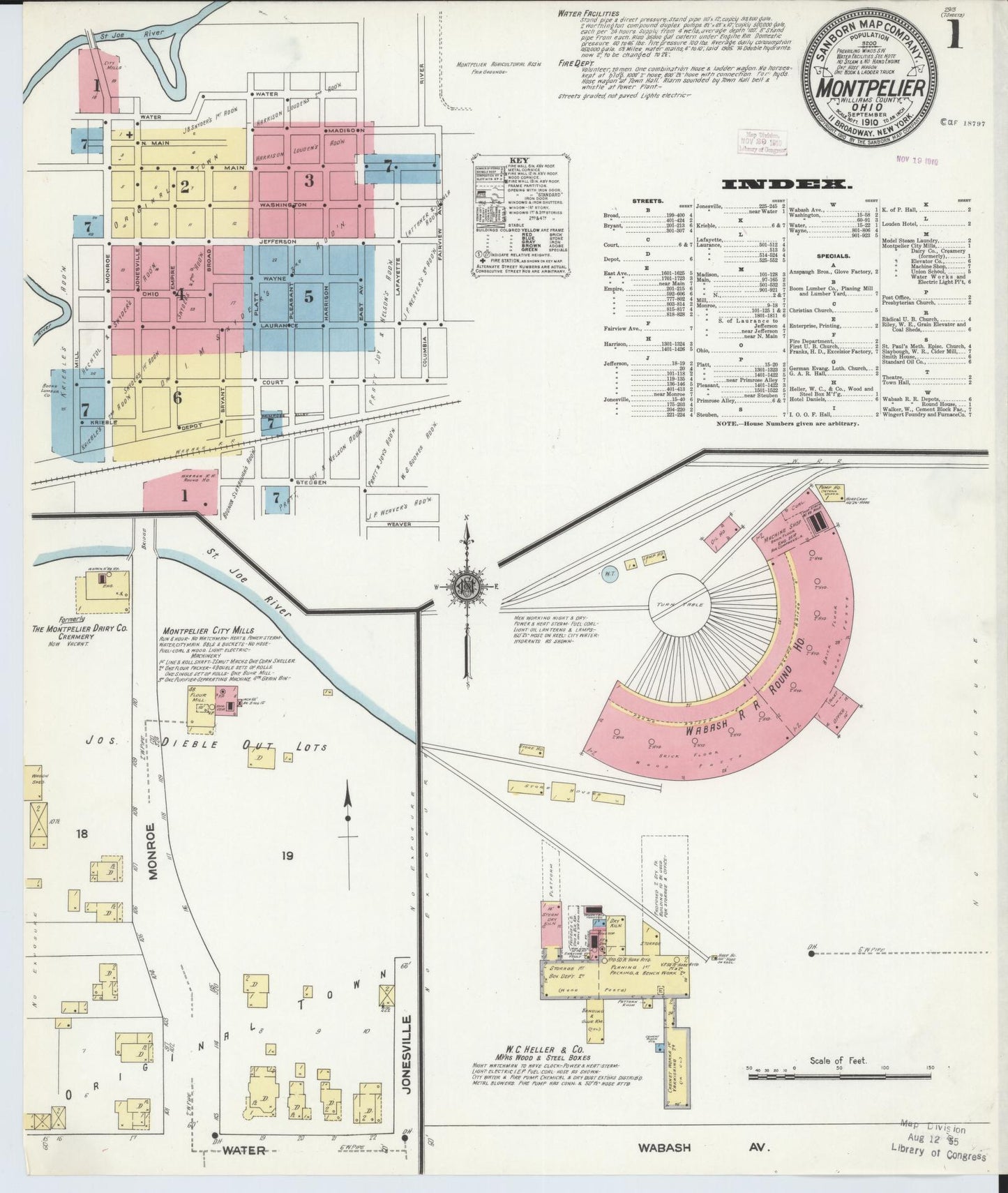 Sanborn Fire Insurance Map from Montpelier, Williams County, Ohio (1910), Sheet #0001 - Historic Sanborn Fire Insurance Map Print, vintage old map wall art, antique decor, genealogy gift, Ohio Ohio map