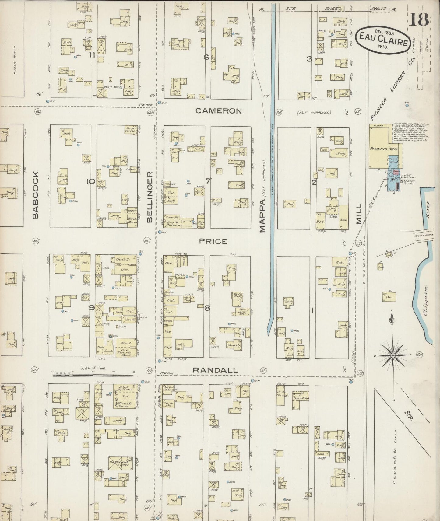 Sanborn Fire Insurance Map from Eau Claire, Eau Claire County, Wisconsin (1885), Sheet #0018 - Historic Sanborn Fire Insurance Map Print, vintage old map wall art, antique decor, genealogy gift, Wisconsin Wisconsin map