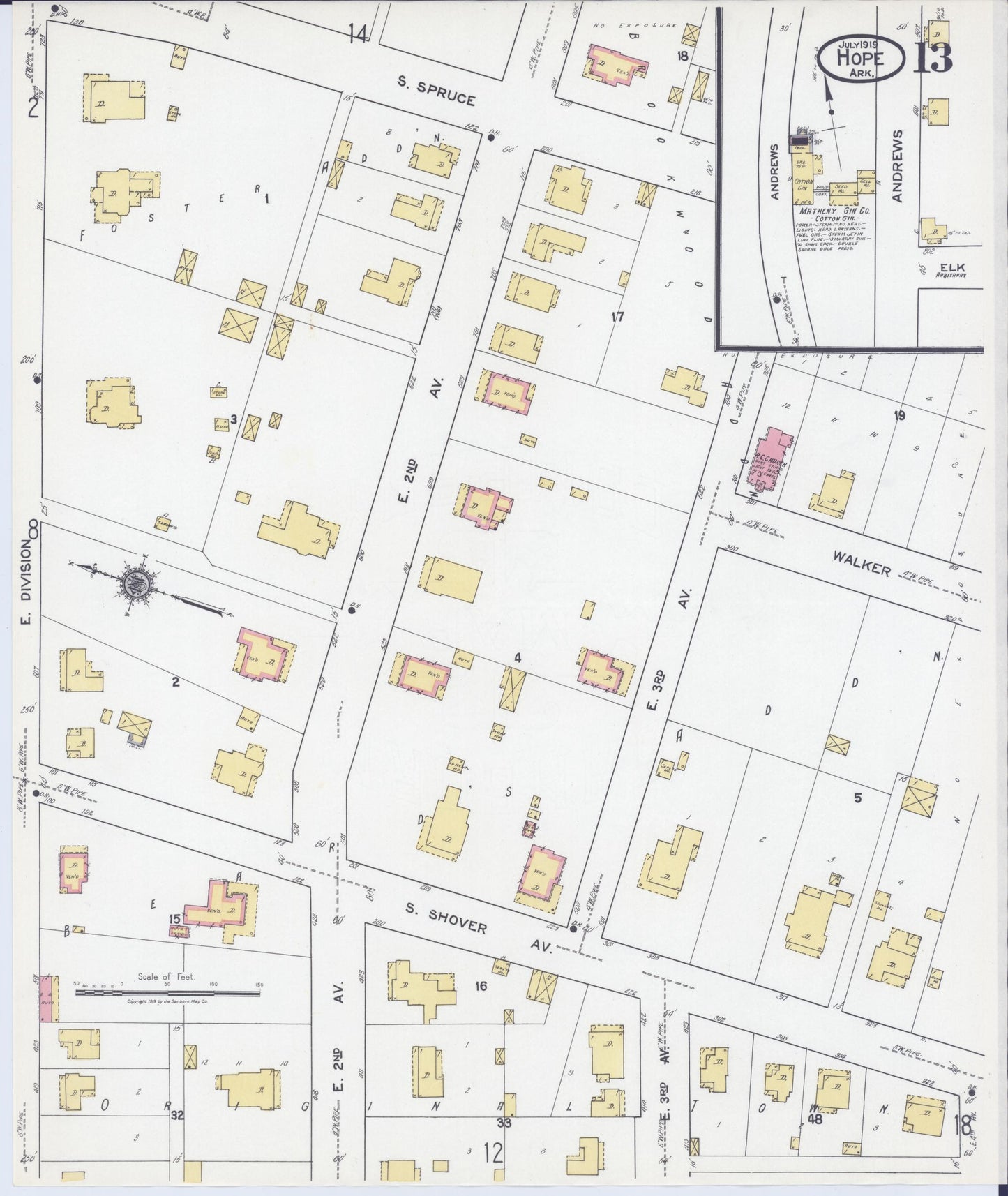 Sanborn Fire Insurance Map from Hope, Hempstead County, Arkansas (1919), Sheet #0013 - Historic Sanborn Fire Insurance Map Print, vintage old map wall art, antique decor, genealogy gift, Arkansas Arkansas map