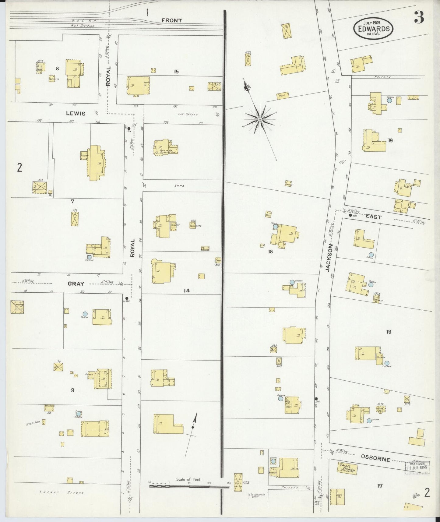 Sanborn Fire Insurance Map from Edwards, Hinds County, Mississippi (1909), Sheet #0003 - Historic Sanborn Fire Insurance Map Print, vintage old map wall art, antique decor, genealogy gift, Mississippi Mississippi map