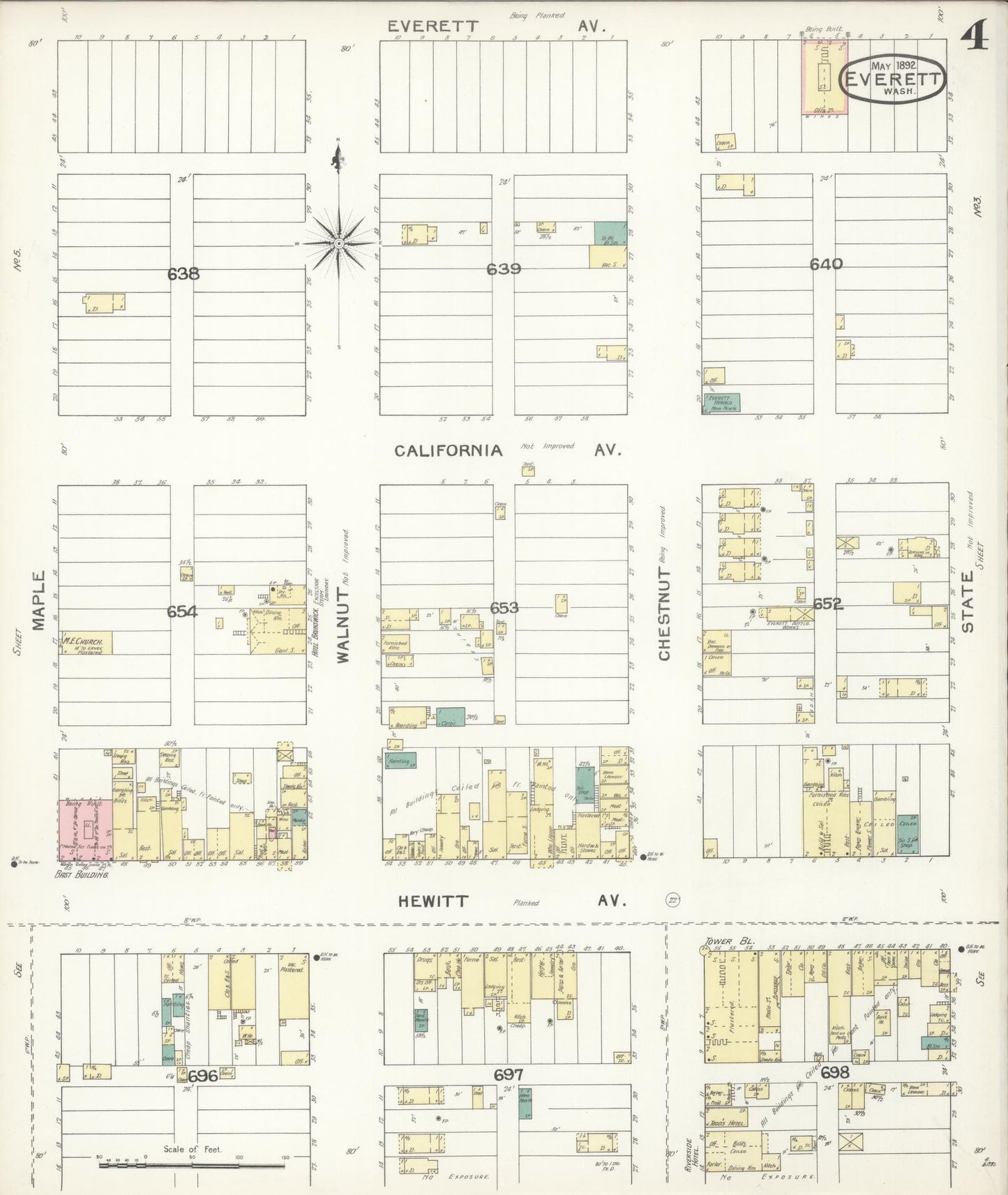 Sanborn Fire Insurance Map from Everett, Snohomish County, Washington (1892), Sheet #0004 - Historic Sanborn Fire Insurance Map Print, vintage old map wall art, antique decor, genealogy gift, Washington Washington map