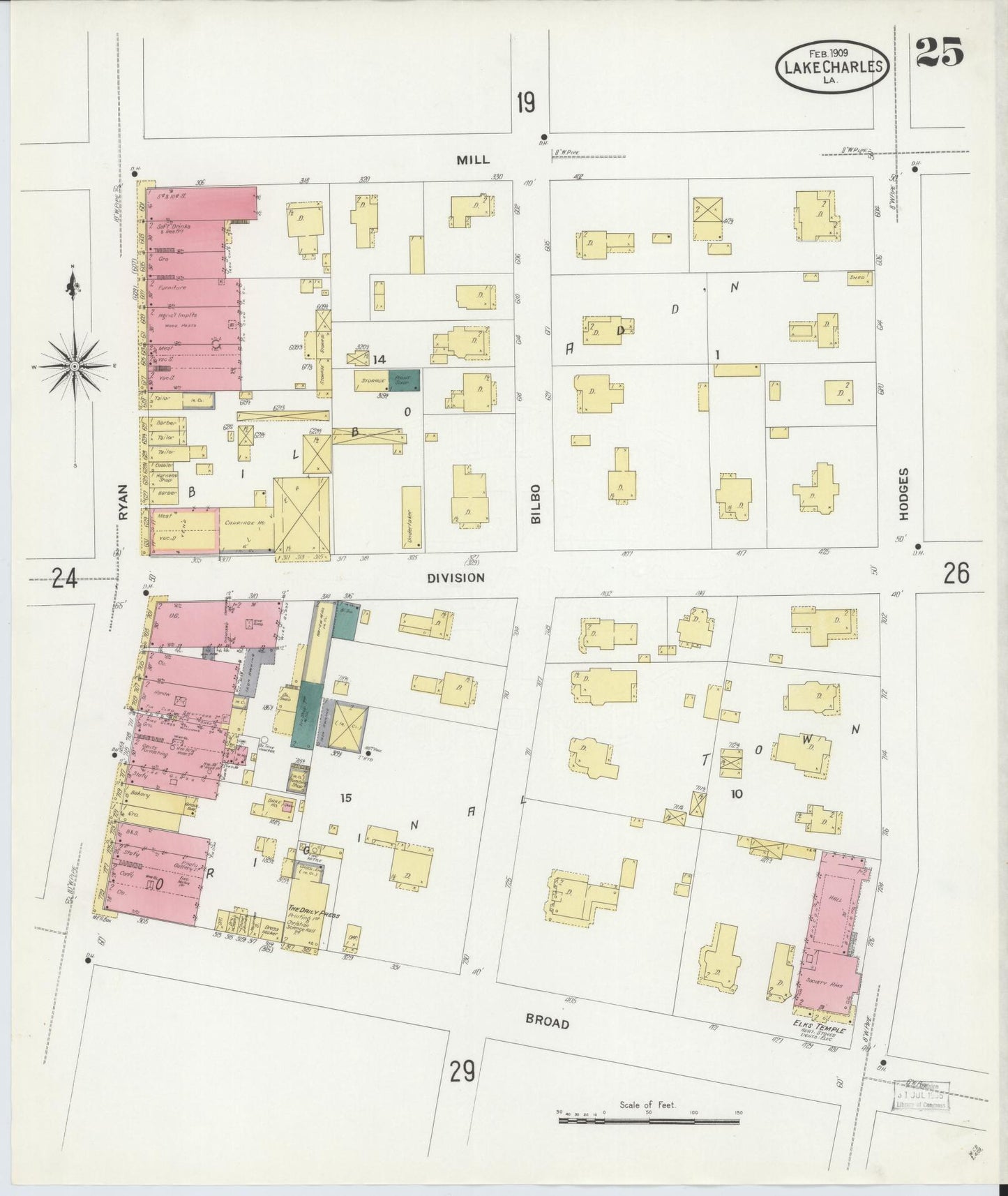 Sanborn Fire Insurance Map from Lake Charles, Calcasieu Parish, Louisiana (1909), Sheet #0025 - Historic Sanborn Fire Insurance Map Print, vintage old map wall art, antique decor, genealogy gift, Louisiana Louisiana map