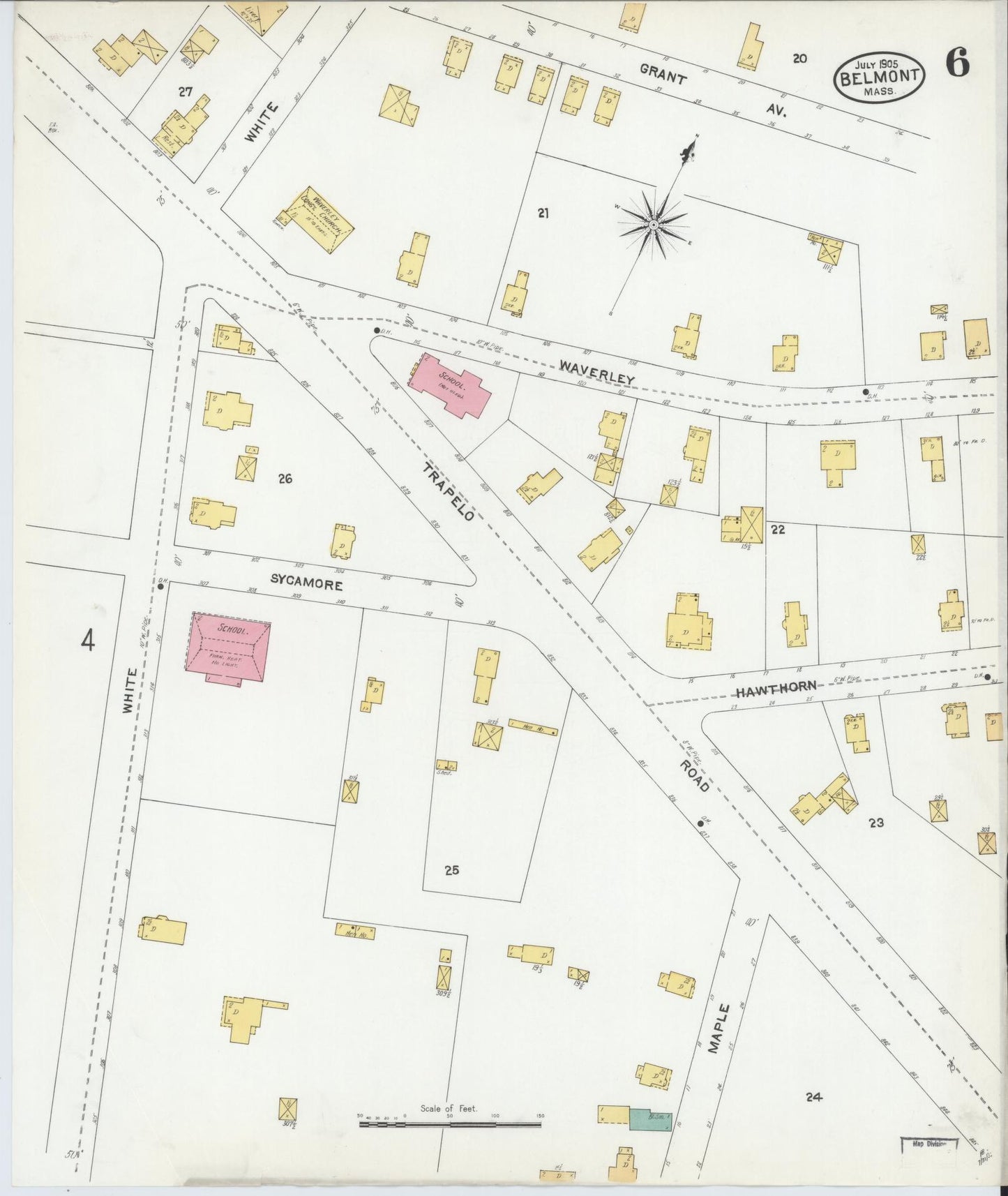 Sanborn Fire Insurance Map from Belmont, Middlesex County, Massachusetts (1905), Sheet #0006 - Historic Sanborn Fire Insurance Map Print, vintage old map wall art, antique decor, genealogy gift, Massachusetts Massachusetts map